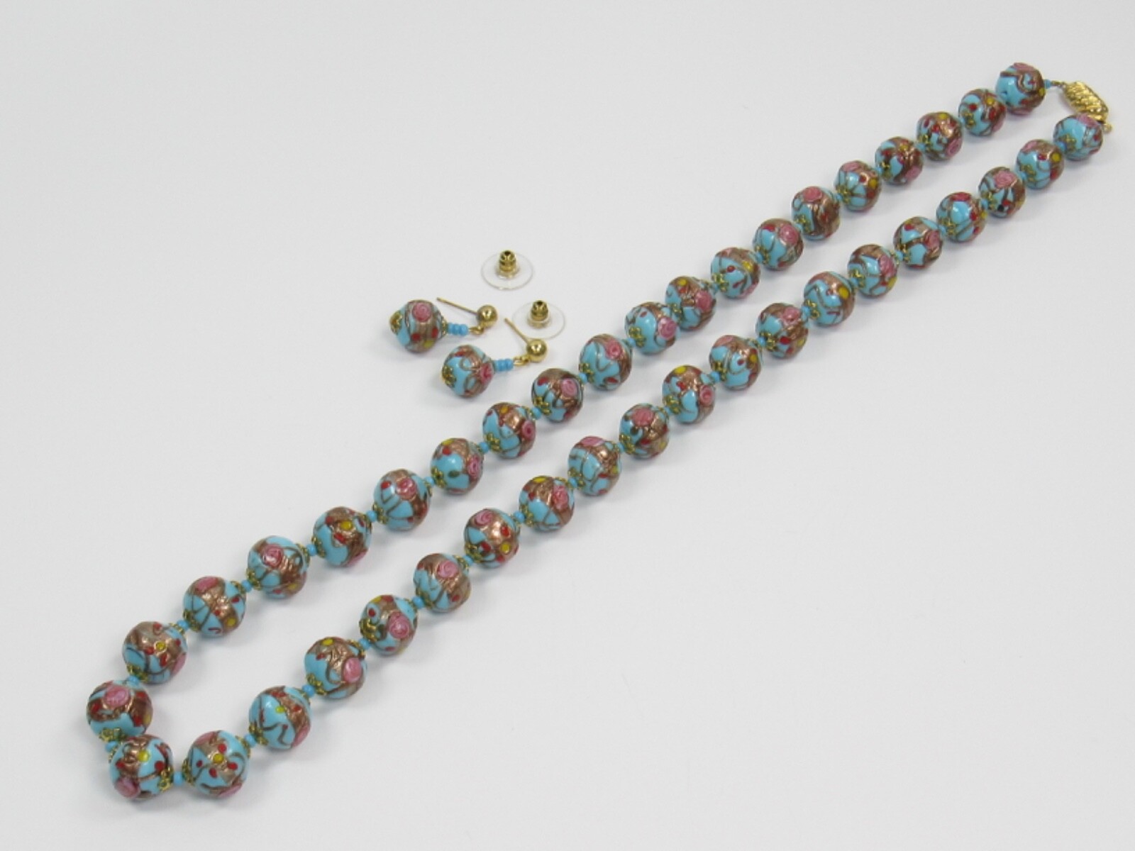 Italy WEDDING CAKE Gold Pink Red Blue Bead Strand NECKLACE Pierced EARRINGS SET