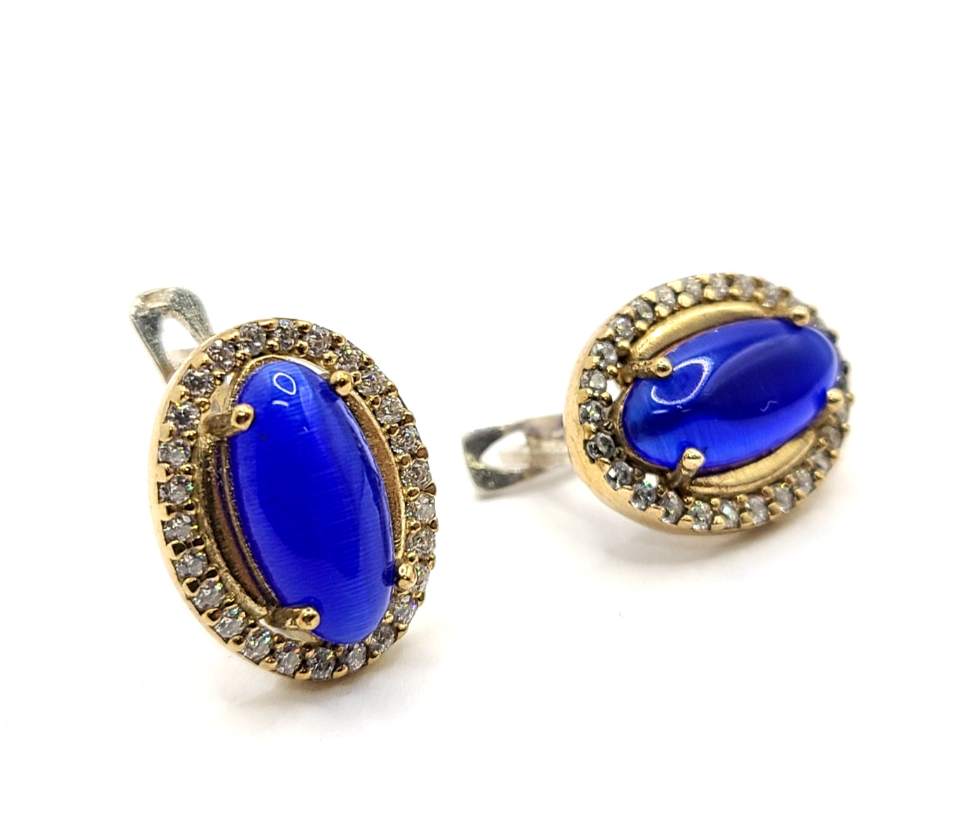 Oval Blue Cateye & White Halo Zircon Vintage 925 Sterling Earrings