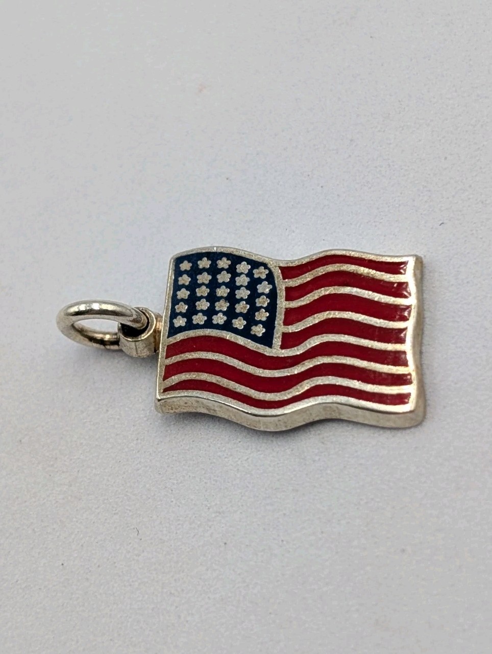 Vtg 925 Sterling Silver Blue Red Enamel American Flag Charm Waving USA Pendant