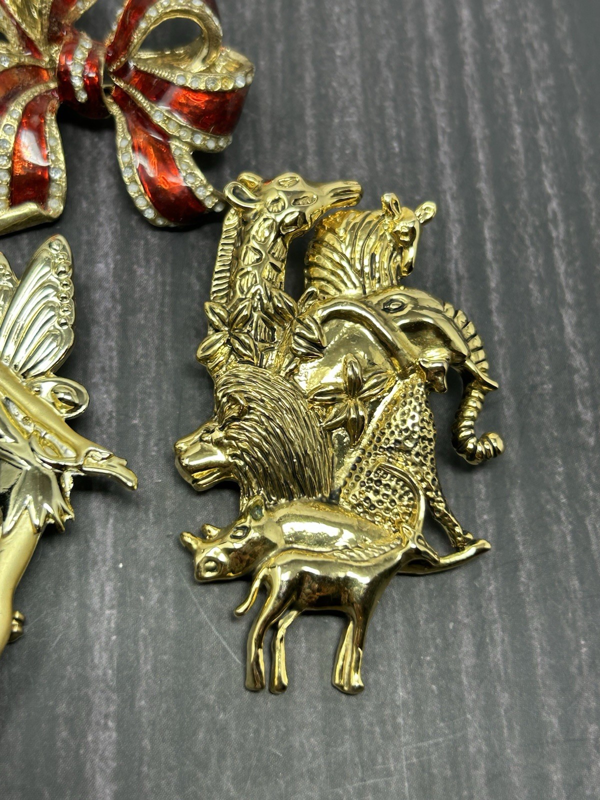 Vintage Gold Tone Brooch Lot Fairy Animals Red Bow Rhinestone Pins Costume