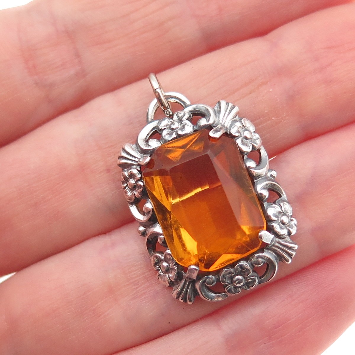 835 Silver Antique Art Deco Real Citrine Floral Oxidized Charm Pendant