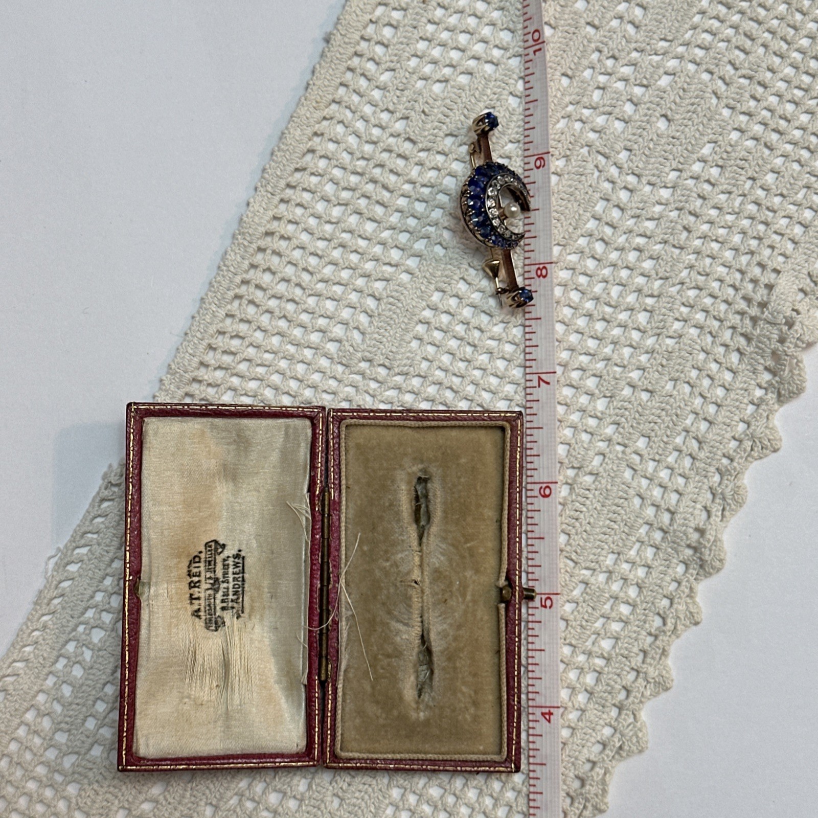 Late 19th Century MOON Sapphire, Diamond & Pearl Broach Set In 9-12k Gold w BOX