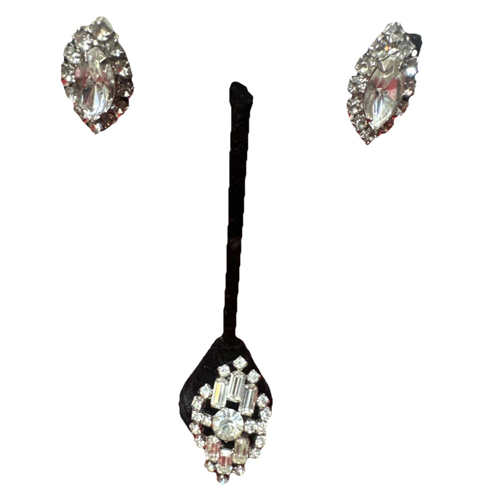Unique “Made In Austria” Vtg. Rhinestone Brooch And Earrings Set Silver Tone