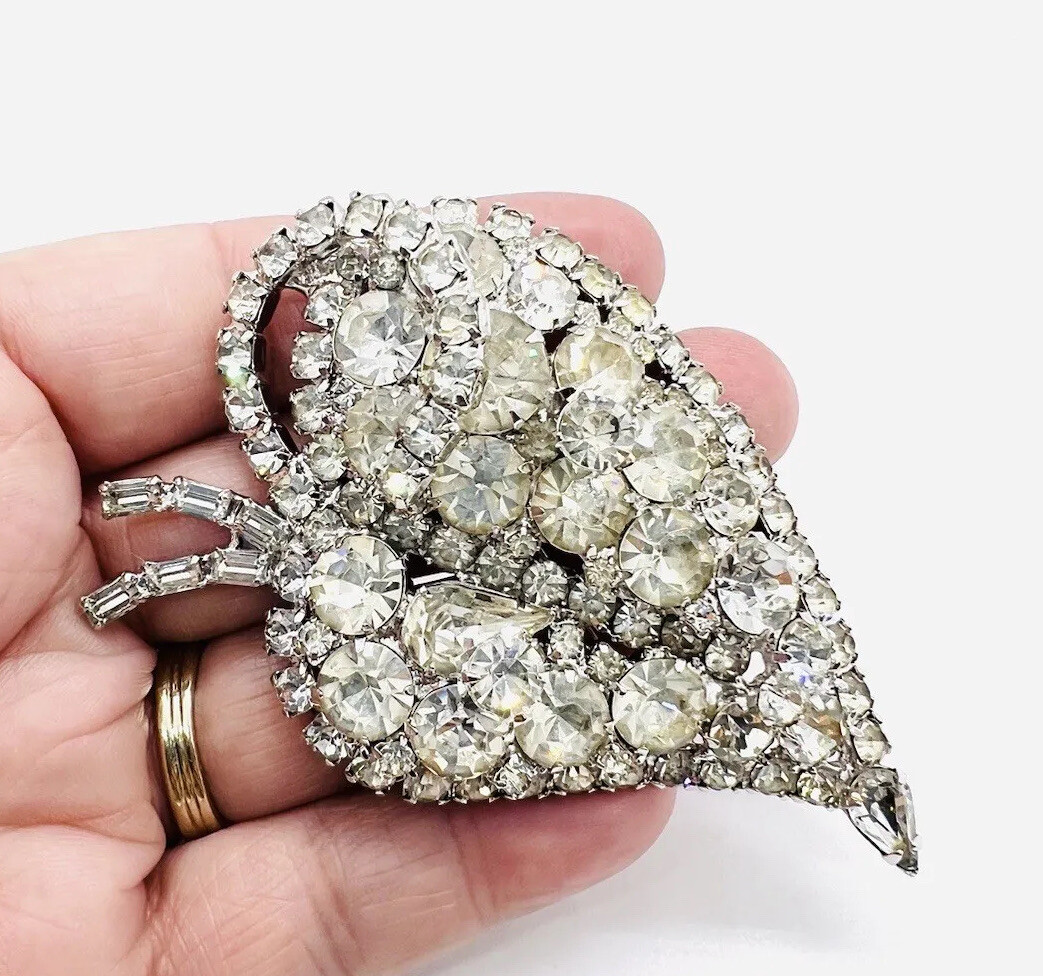 HUGE Sparkling Clear Rhinestone Stylized Fruit Brooch 3 1/4 Inch Vintage Jewelry