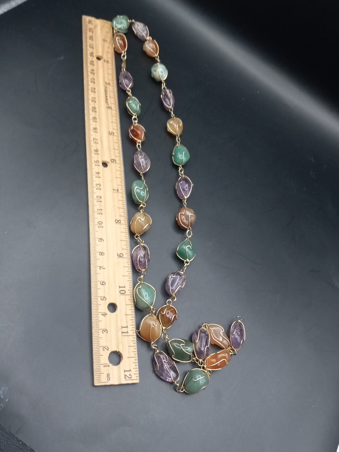 Vintage Amethyst, Jade Agate, Carnelian Goldgilt Wire Long Necklace