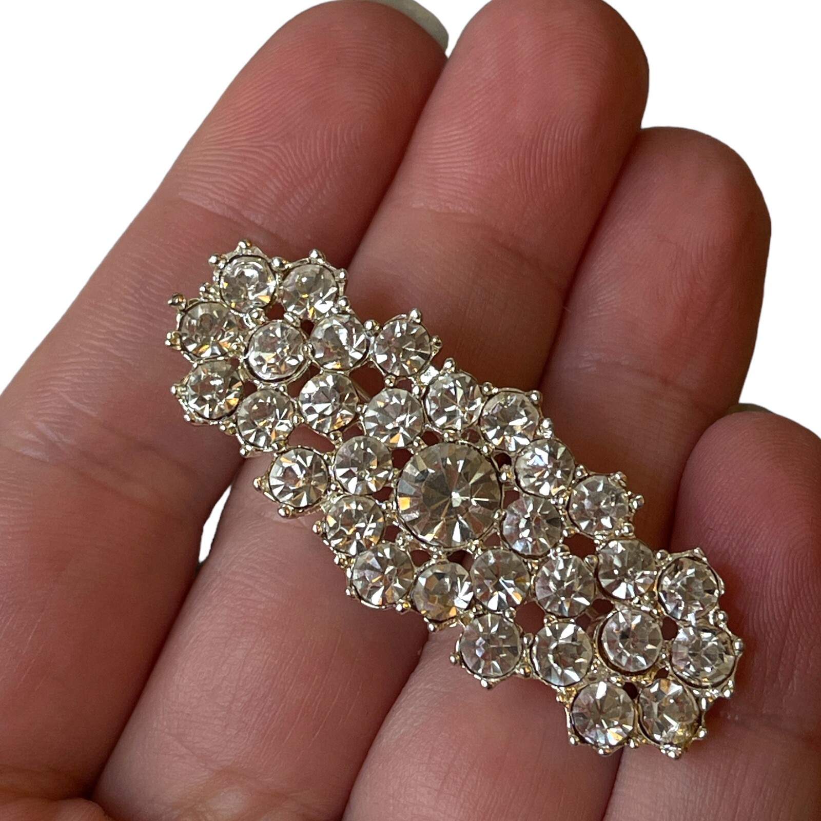 Vintage Rhinestones Brooch Flower Clear Square Elongated Collar Style
