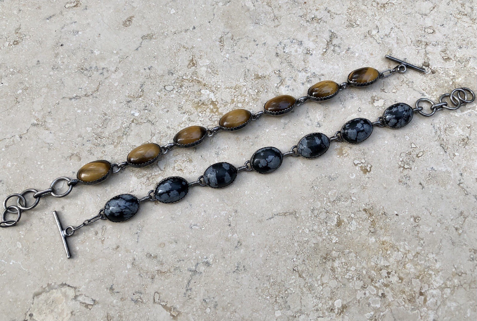 🐯🖤 ✨VINTAGE STERLING SILVER TIGER’S EYE OBSIDIAN Toggle Bracelet Set LOT ✨🖤🐯