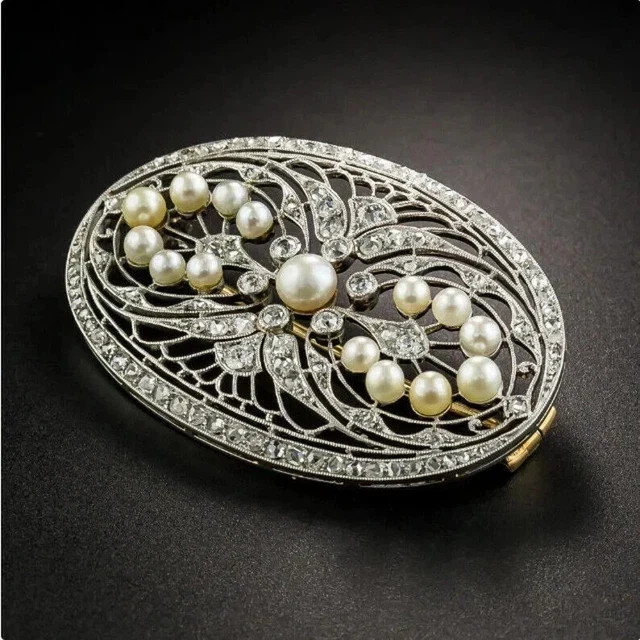 Natural White Pearl 2.3Ct Round Cut Art Deco Brooch Pin 14K Two Tone Gold Plated