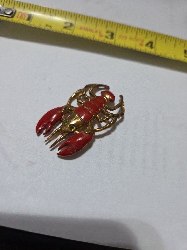 Vintage Metal Lobster Brooch Pin Red Gold Tone With Green Eyes