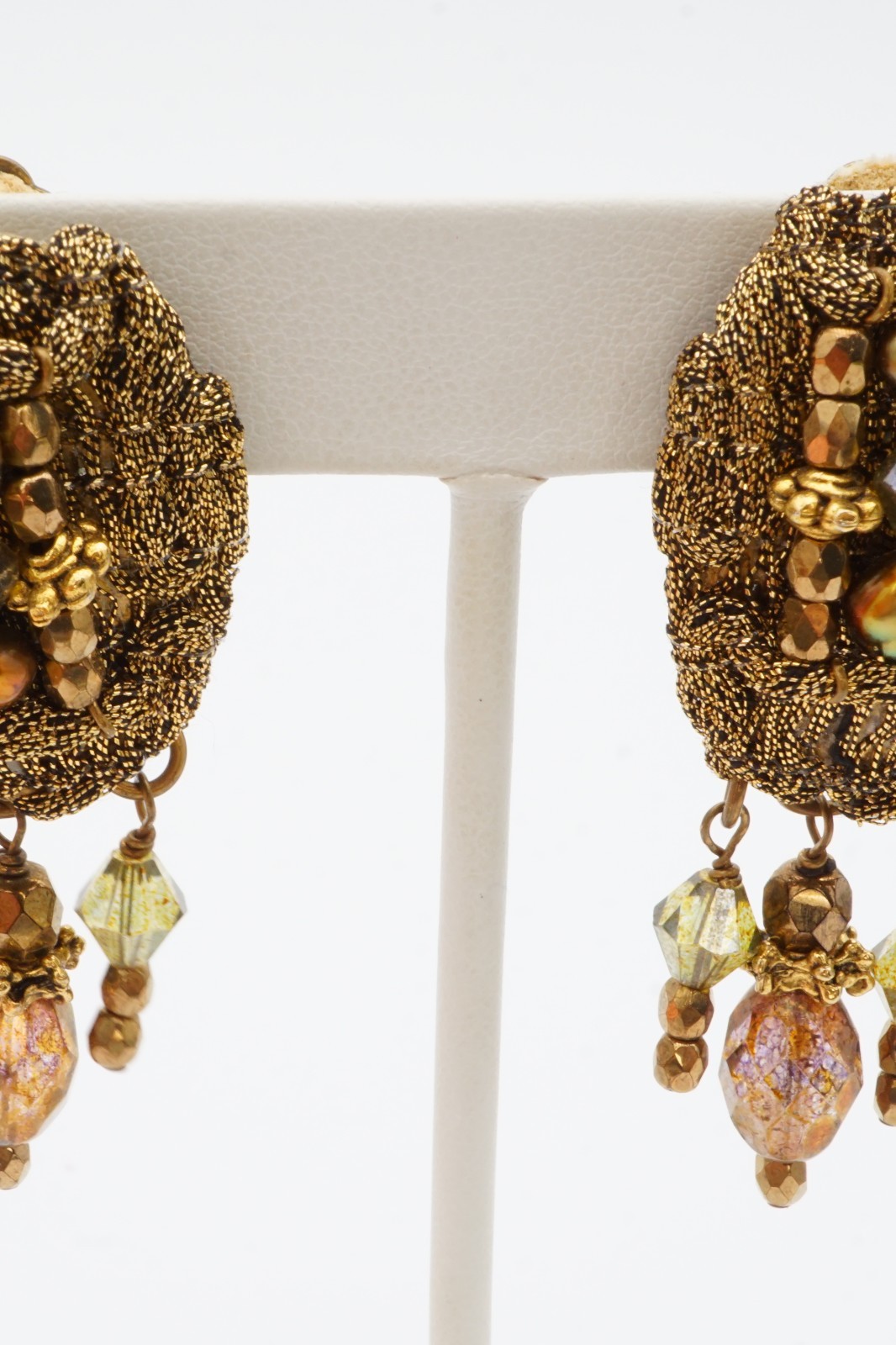 Vintage Clip On Earrings Gold Tone Glass Bead Mesh
