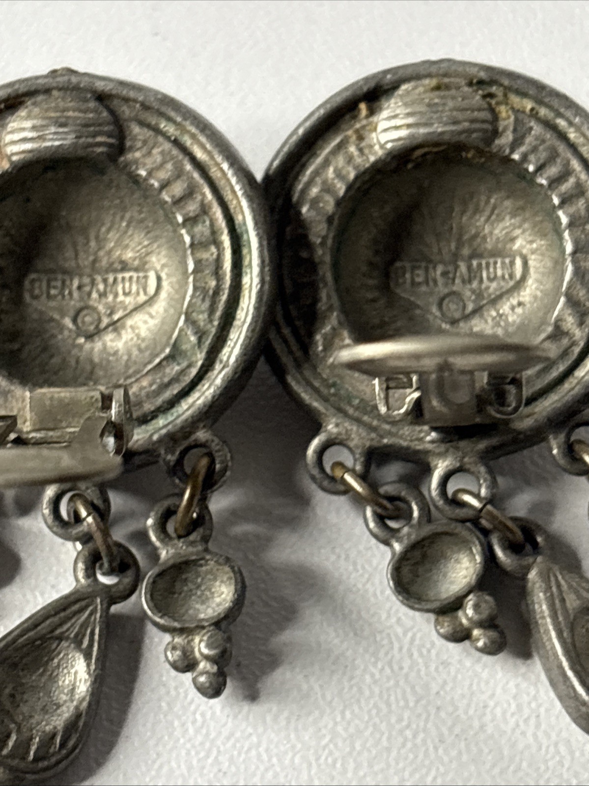 Ben Amun Signed Silver Tone Engraved Medallion Earrings W Three Teardrop Dangles