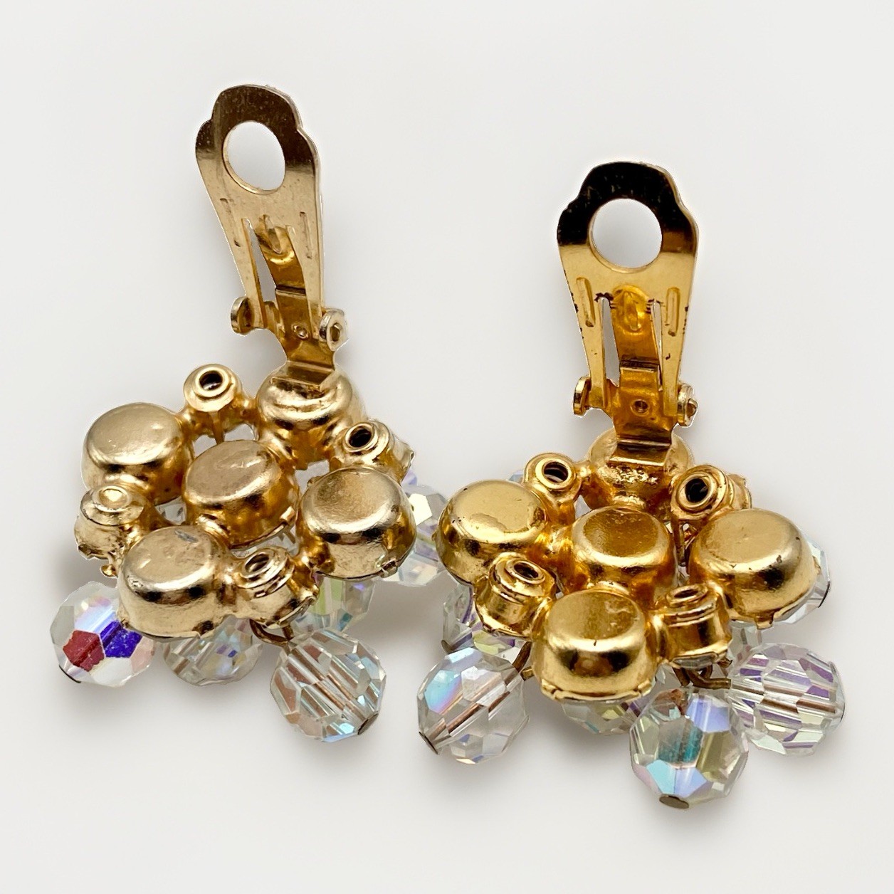 Vintage 1950s Finer Aurora Borealis Crystal Cluster Clip Earrings Bridal Couture