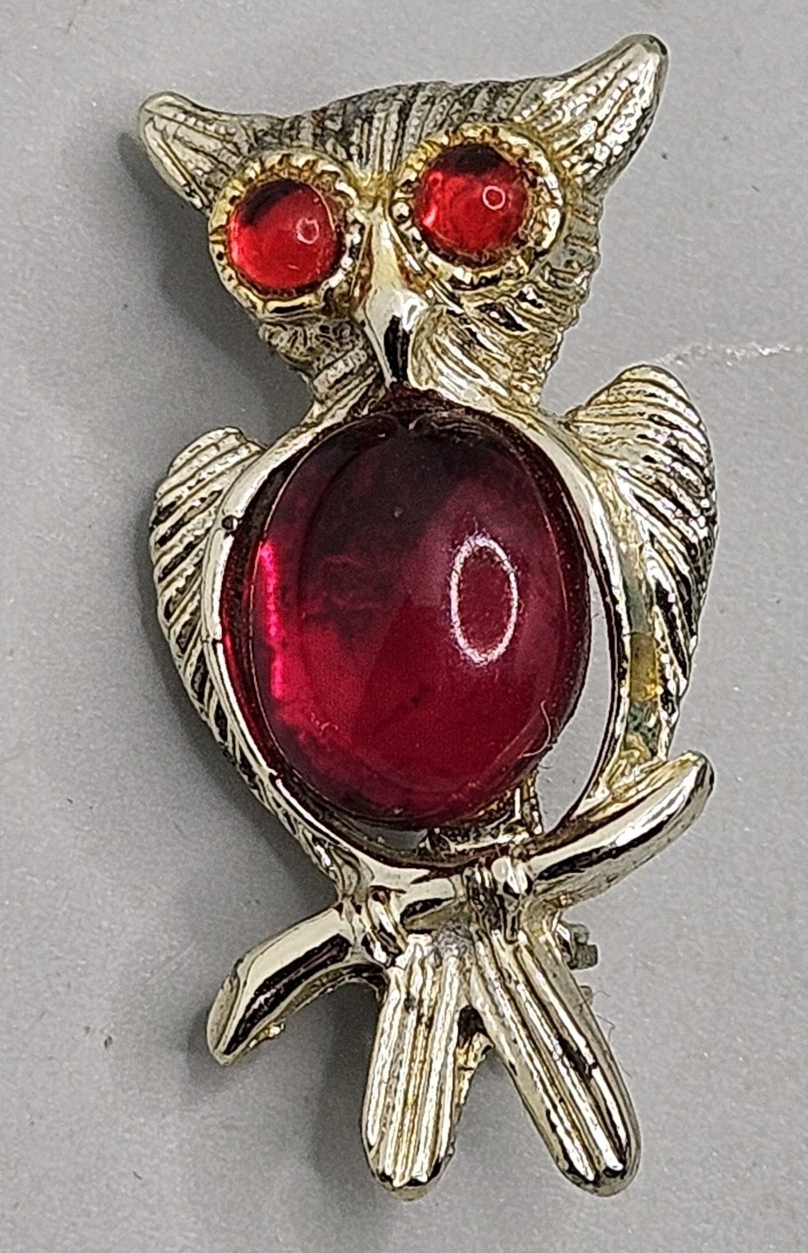Vintage Owl Brooch Jelly Belly Red Rhinestone Eye MCM Jewelry Gold Tone Pin