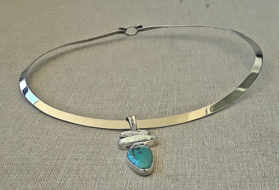 Vintage Mexico Sterling Solid Hook Open Collar Necklace MOP Turquoise Pendant