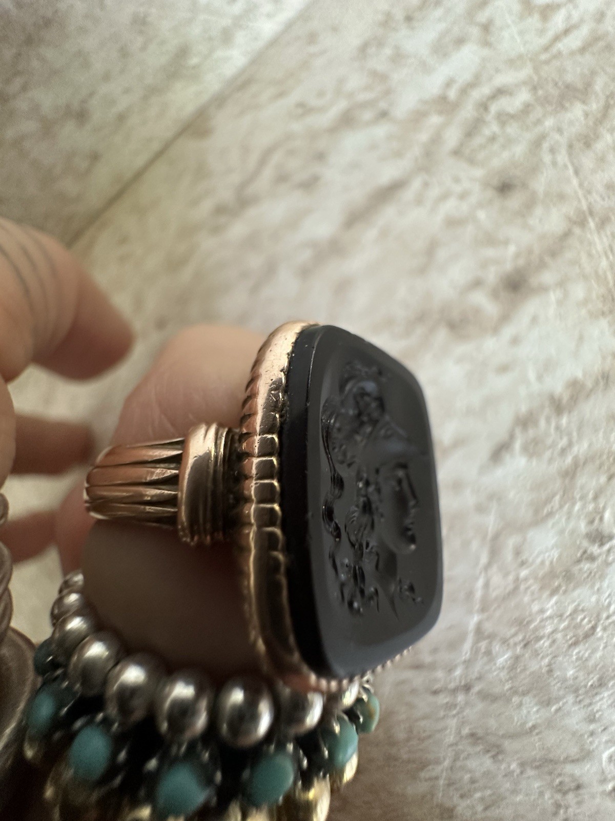 An authentic Victorian Black Onyx ring Intaglio 14k Rose Gold from 1886 size 9.5