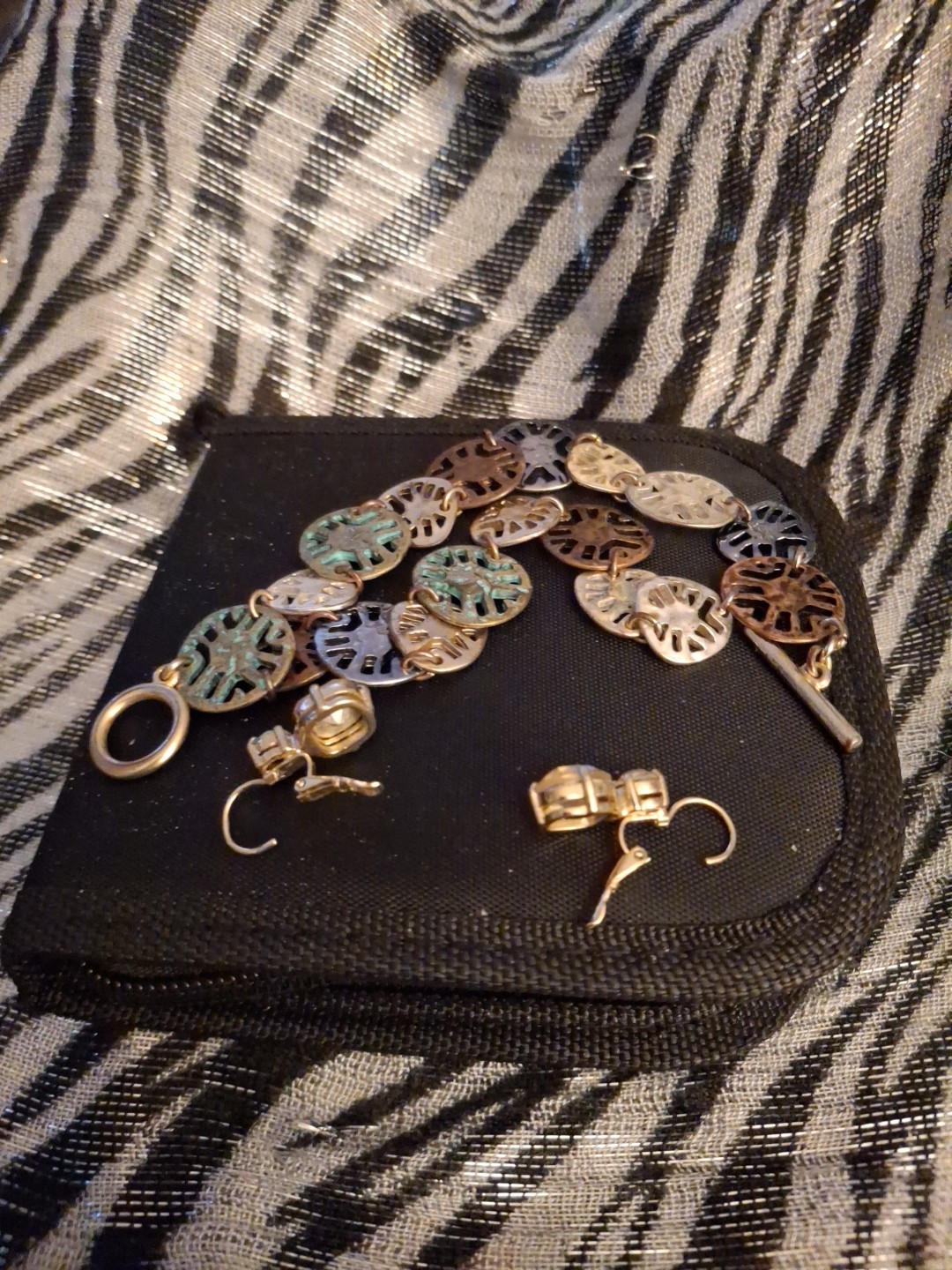 Vintage Multicolor Metal Charm Bracelet, And Earrings