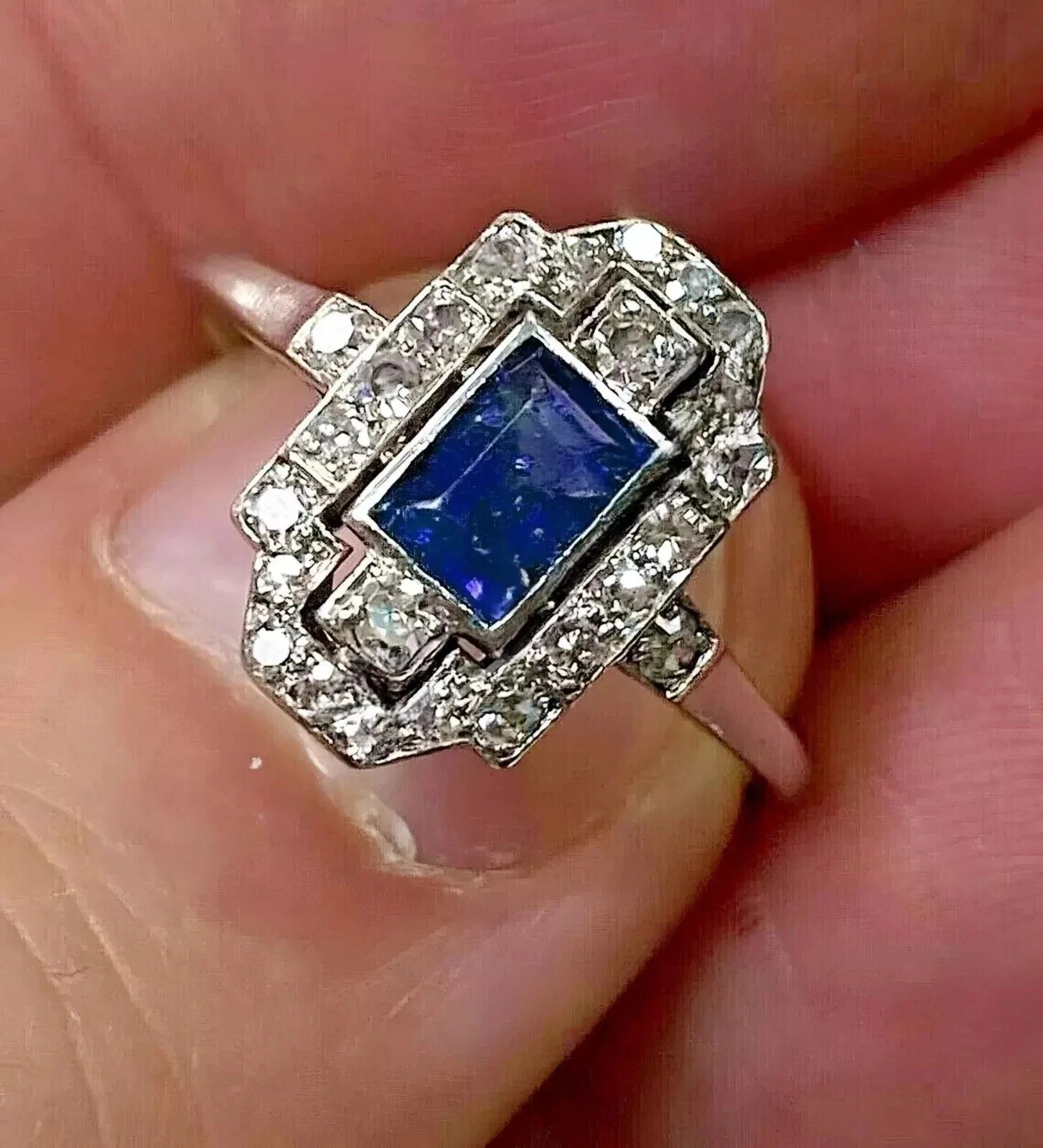 Art Deco 2.95Ct Lab Created Diamond & Sapphire Engagement 14K White Gold FN Ring