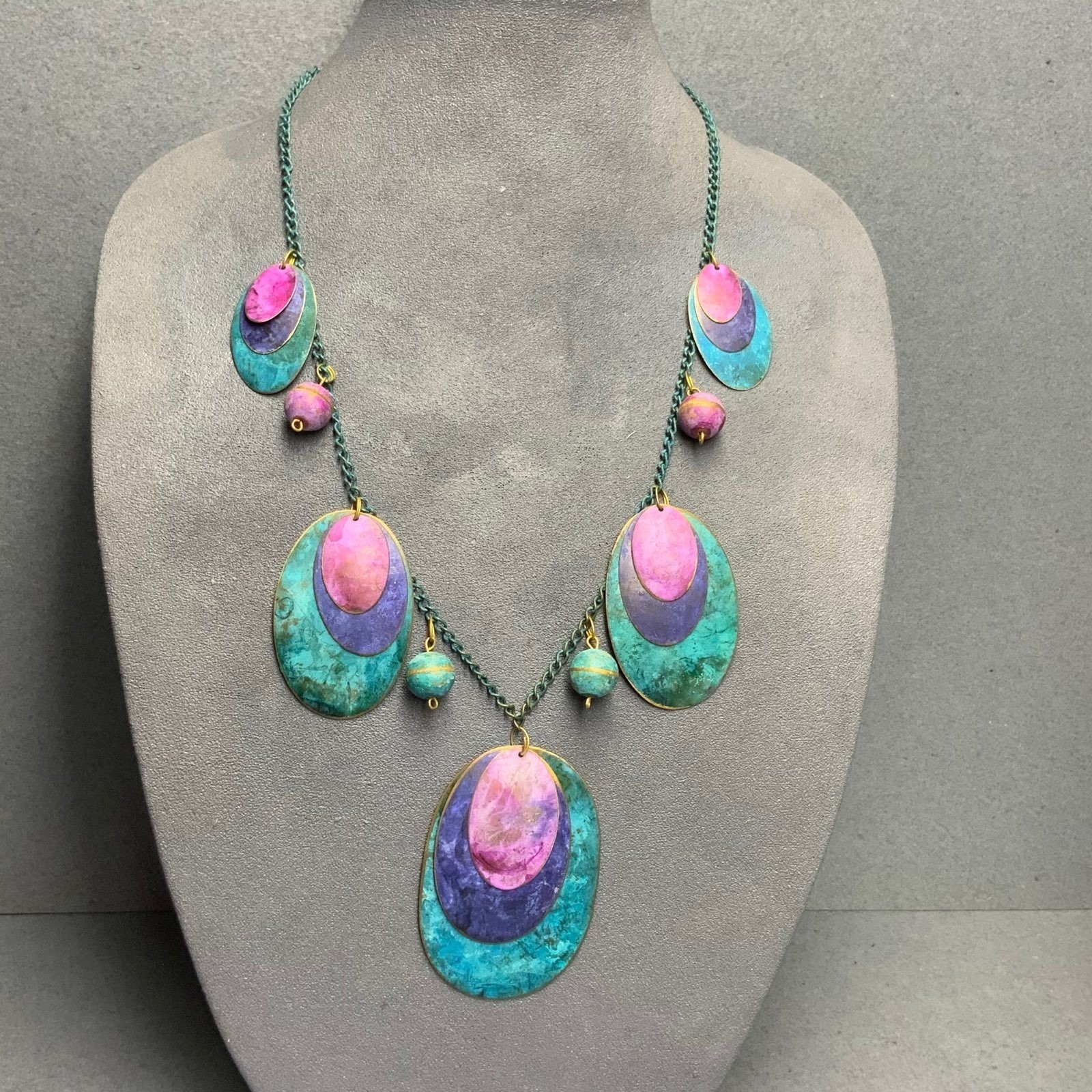 Layered Metal Oval Necklace 25 In Turquoise Blue Pink Purple Gold Rustic Boho