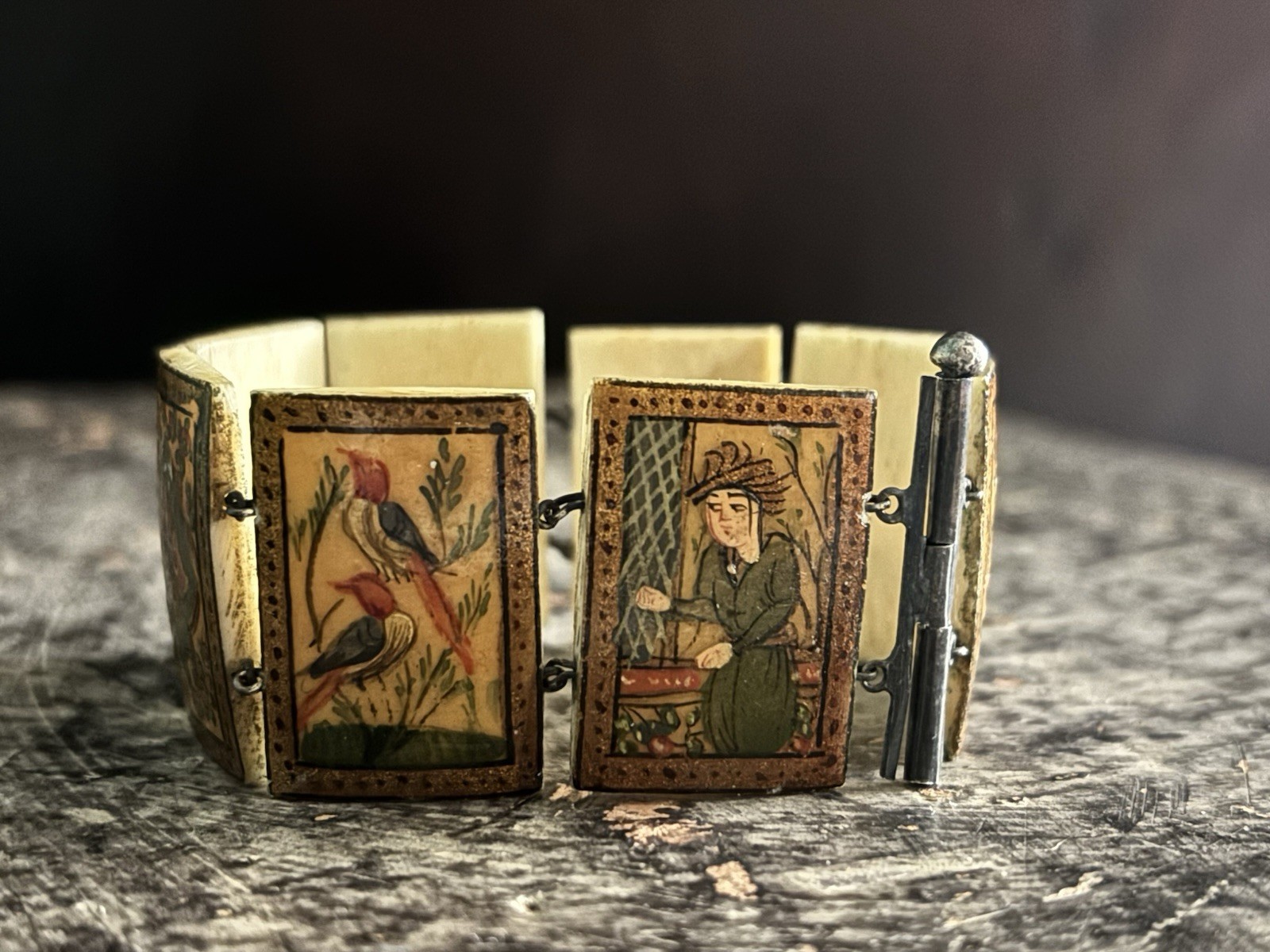 Antique Persian Hand Painted 8-Panel Story Bracelet on Bone Pin & Barrel Lock