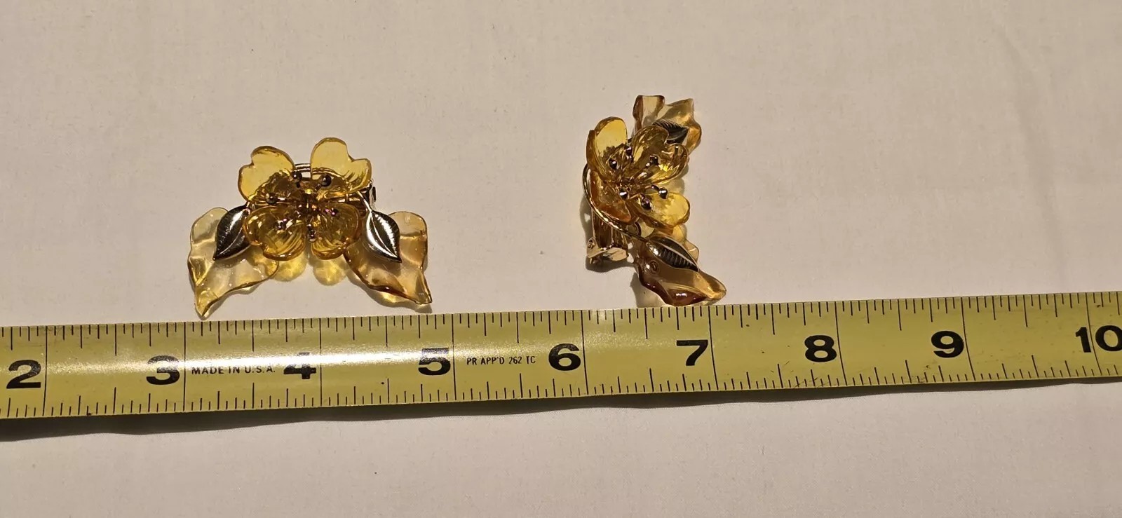 Golden Clear Mid-Century Dogwood Ear Climber Clip On Acetate Earrings#D2021
