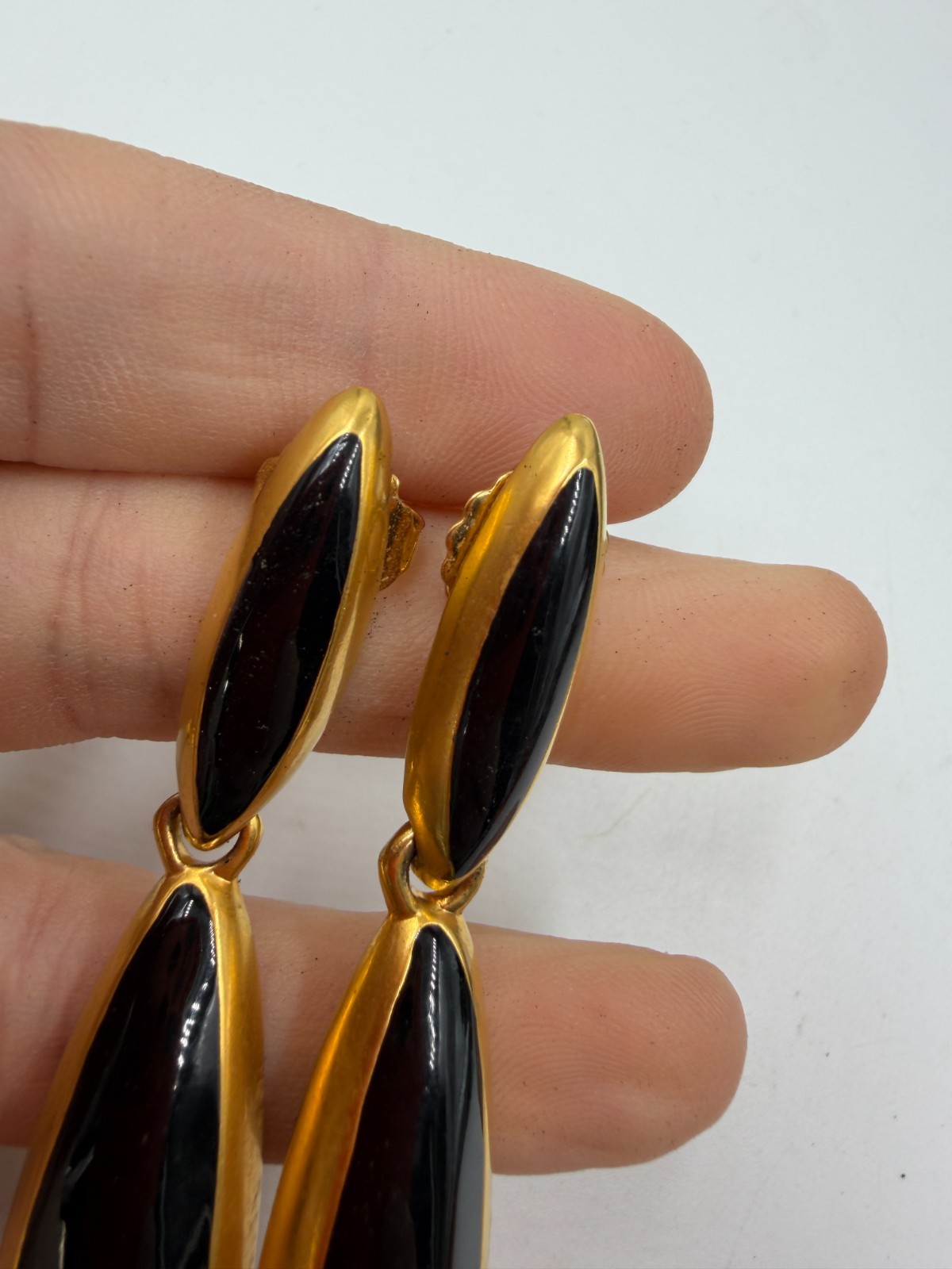 Vintage Earrings Black Enamel Pierced Elongated Statement Drop 3 Inches