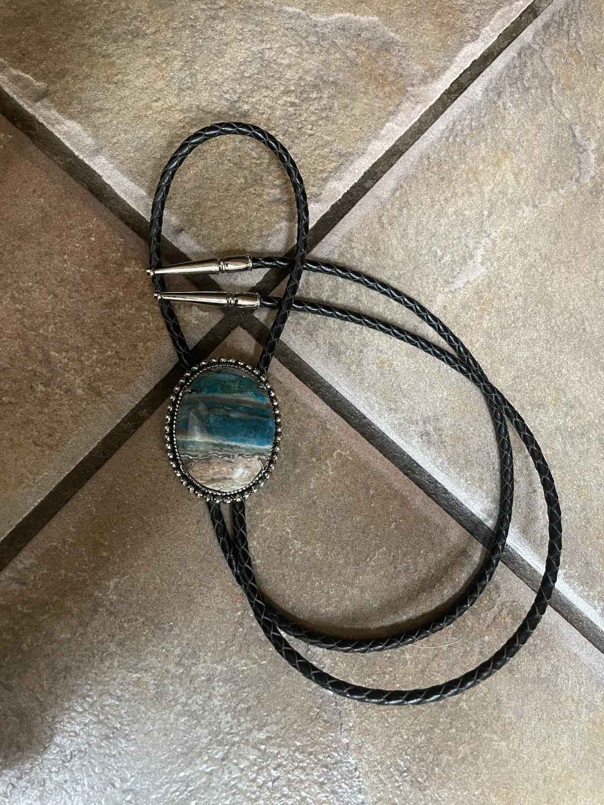 Bolo Tie With Beautiful Large Arizona Blue Chrysocolla Stone