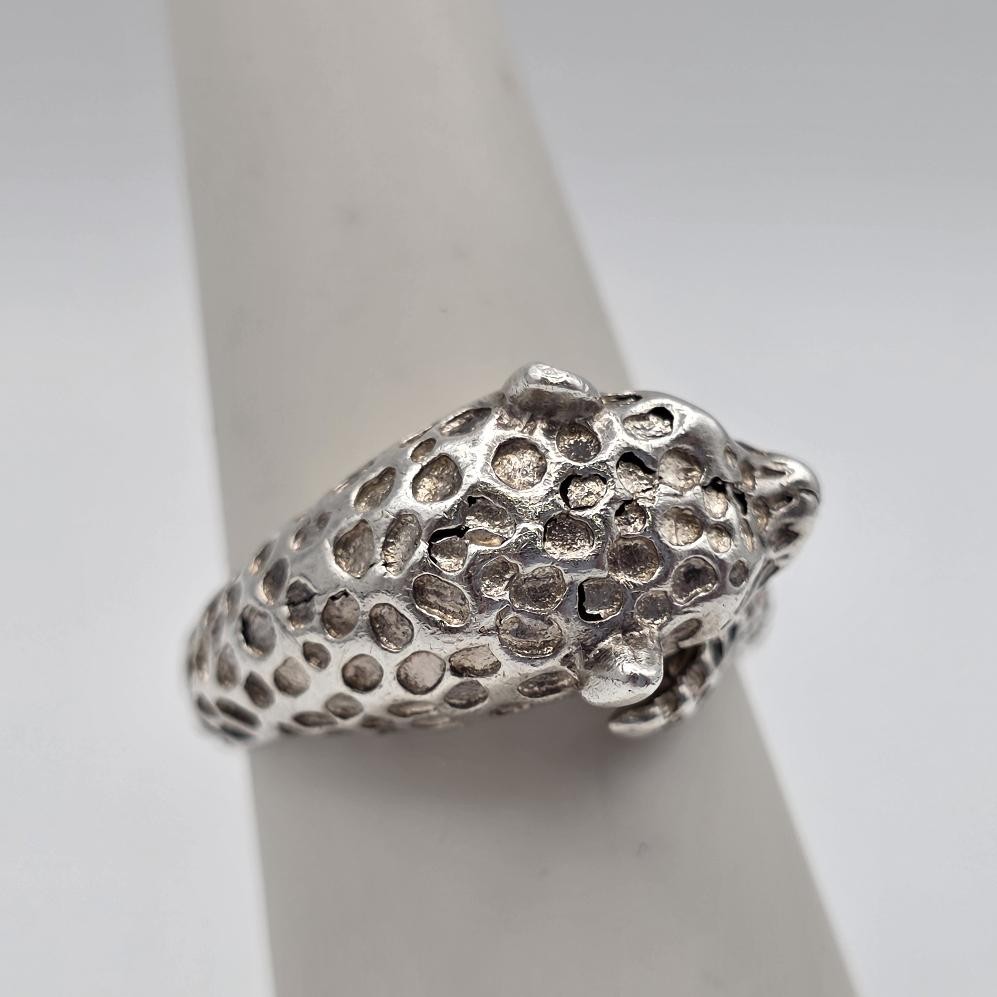 Vintage Adjustable 925 Sterling Silver Leopard Cheetah Big Cat Wrap Ring sz 7.5
