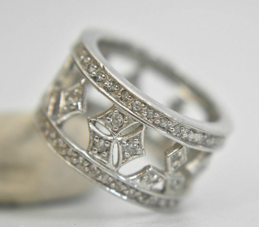 Crystal ring or wide band boho cocktail pinky sterling silver Size 5.50