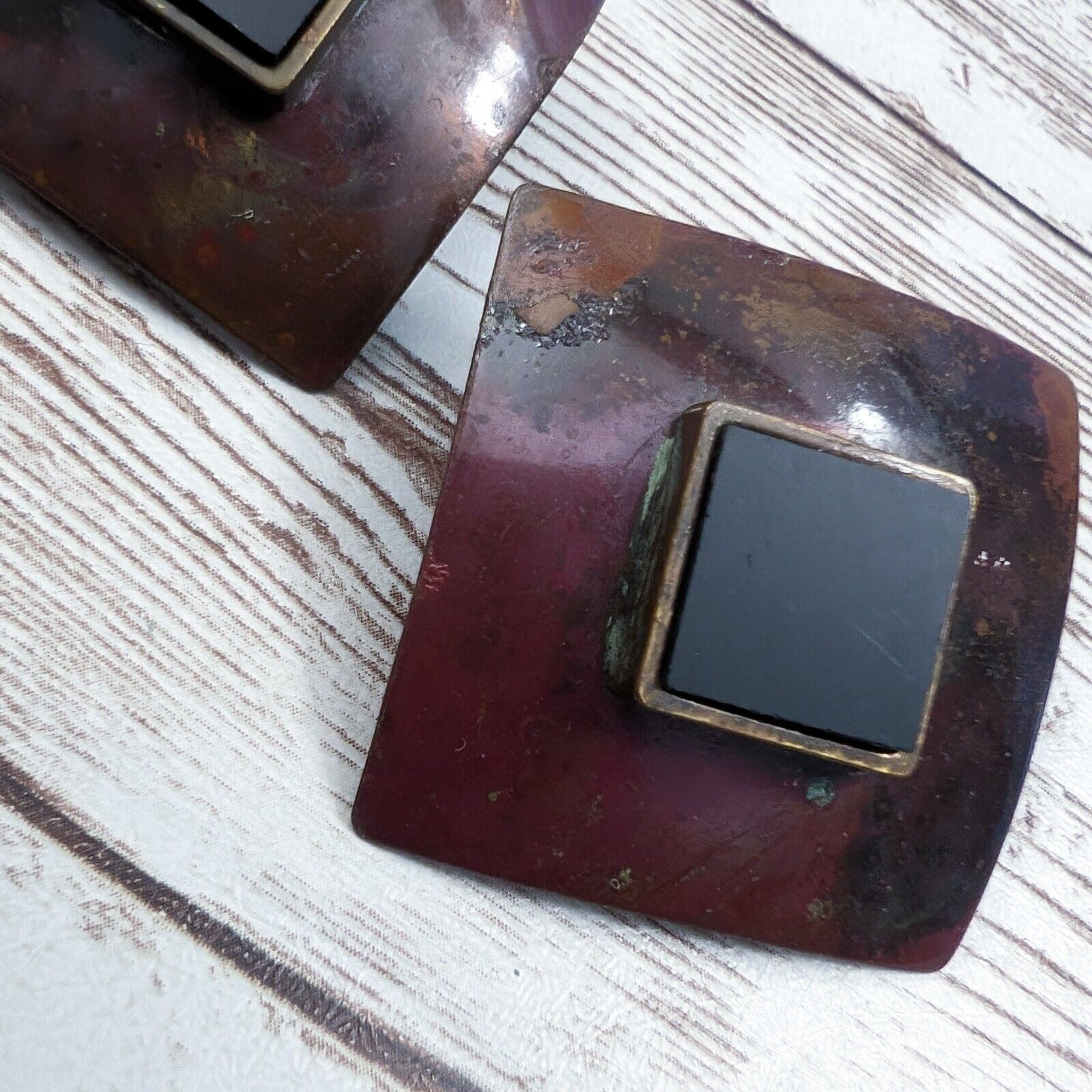 Vintage Earrings for Pierced Ears Square Shape – Bent with Heavy Tarnish