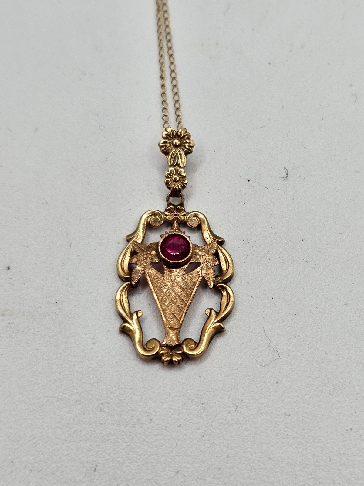 Antique 10k gold garnet Emco lavalier style pendant necklace art deco floral