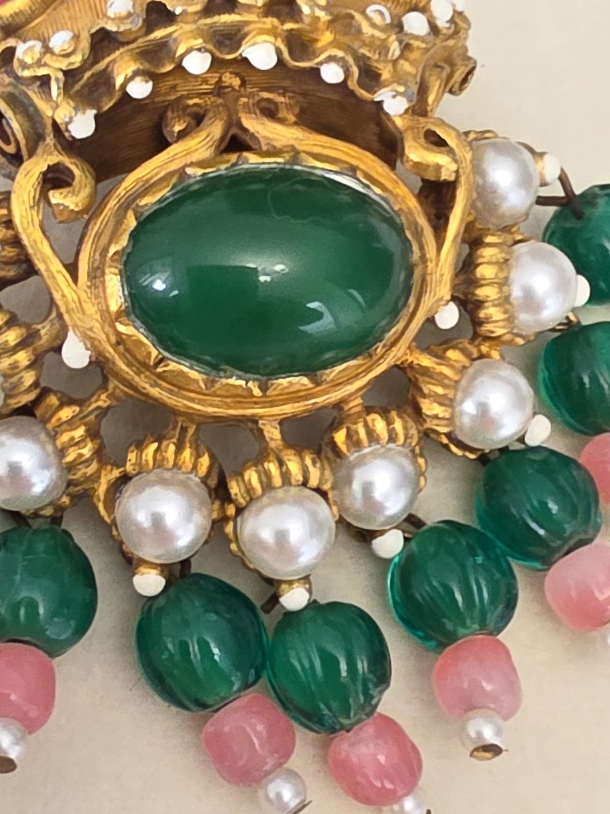 Vtg Signed KJL Jewels of India Mughal Crown Brooch Pendant Green Cabochon Rare