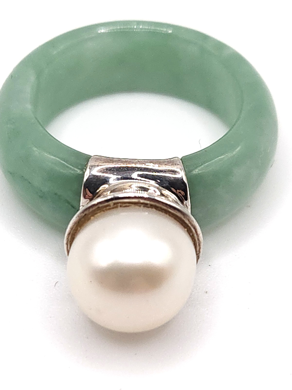 Vintage 925 China Green Jade Jadeite 6.5 Mm Pearl Ring Statement Piece Runway