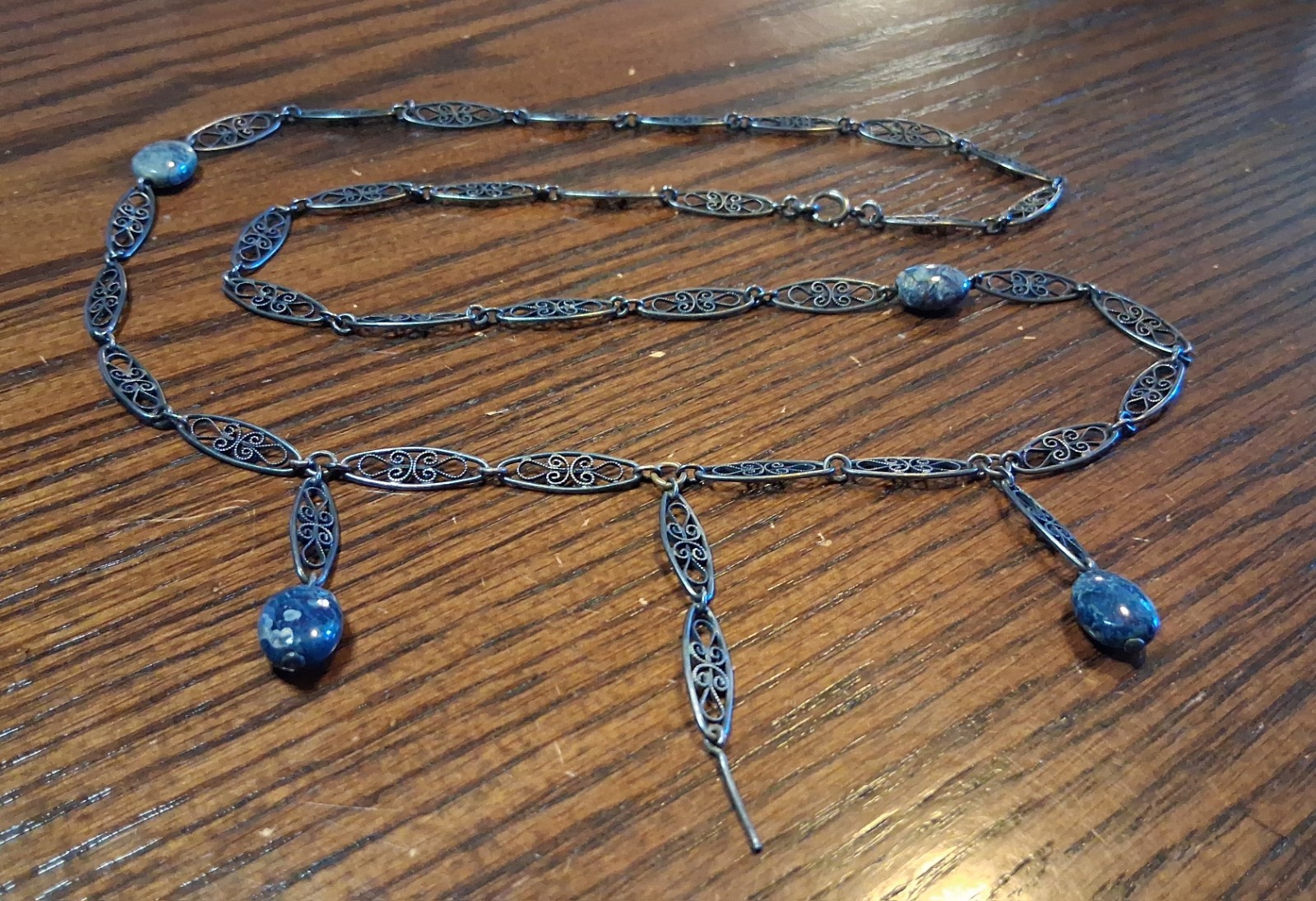 Antique Victorian 800 Silver Filigree Chain 31-32″ Missing Bead See Pics/Descrip