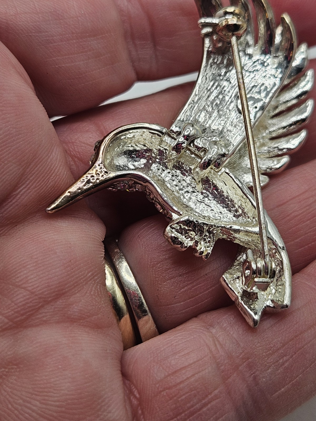 Vintage HummingBird In Flight Brooch Pin Silver Tone Rhinestones With Green Eye