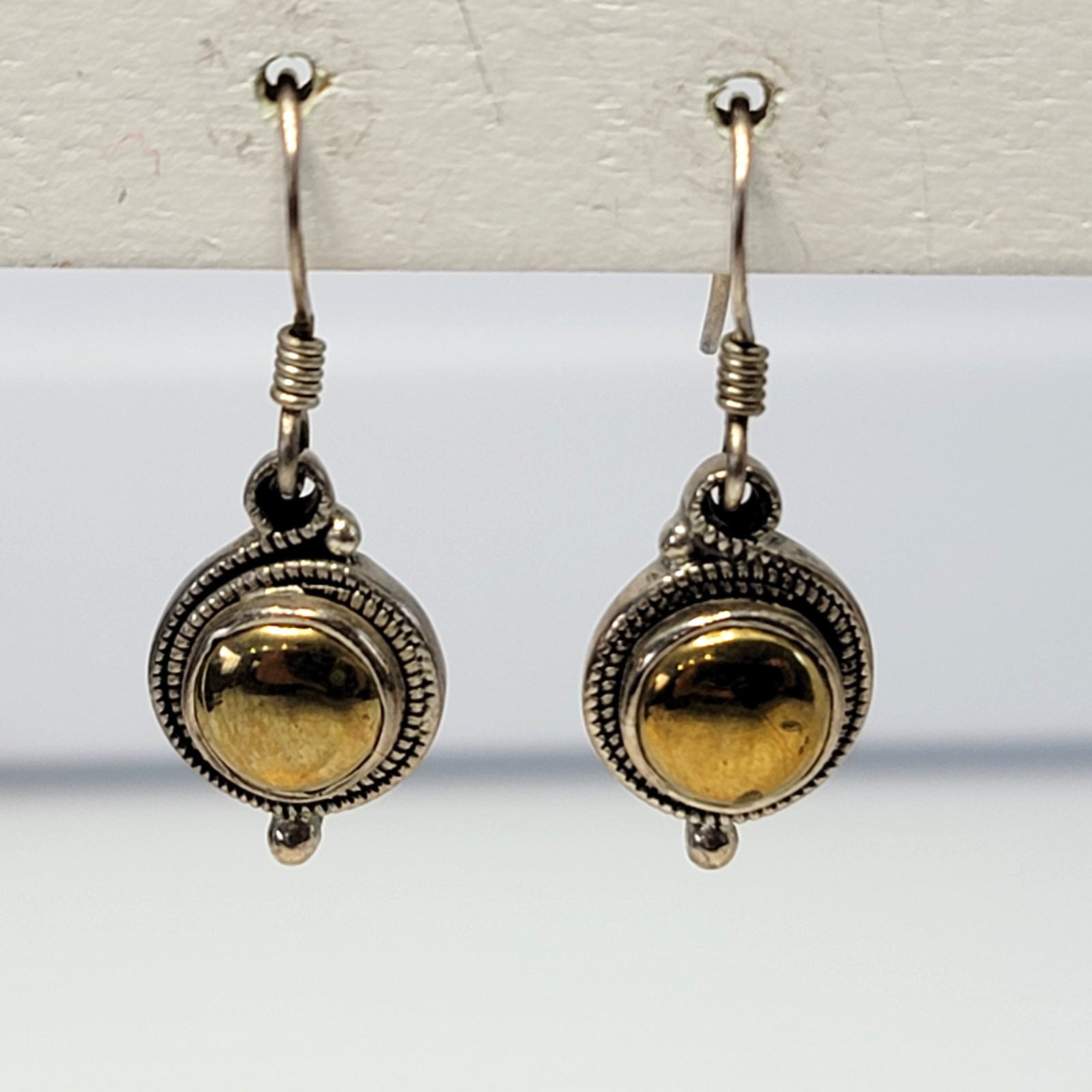 Vintage Gold Hematite Sterling Silver 925 Earrings Two Tone Dangle Drop 1″ Lobe