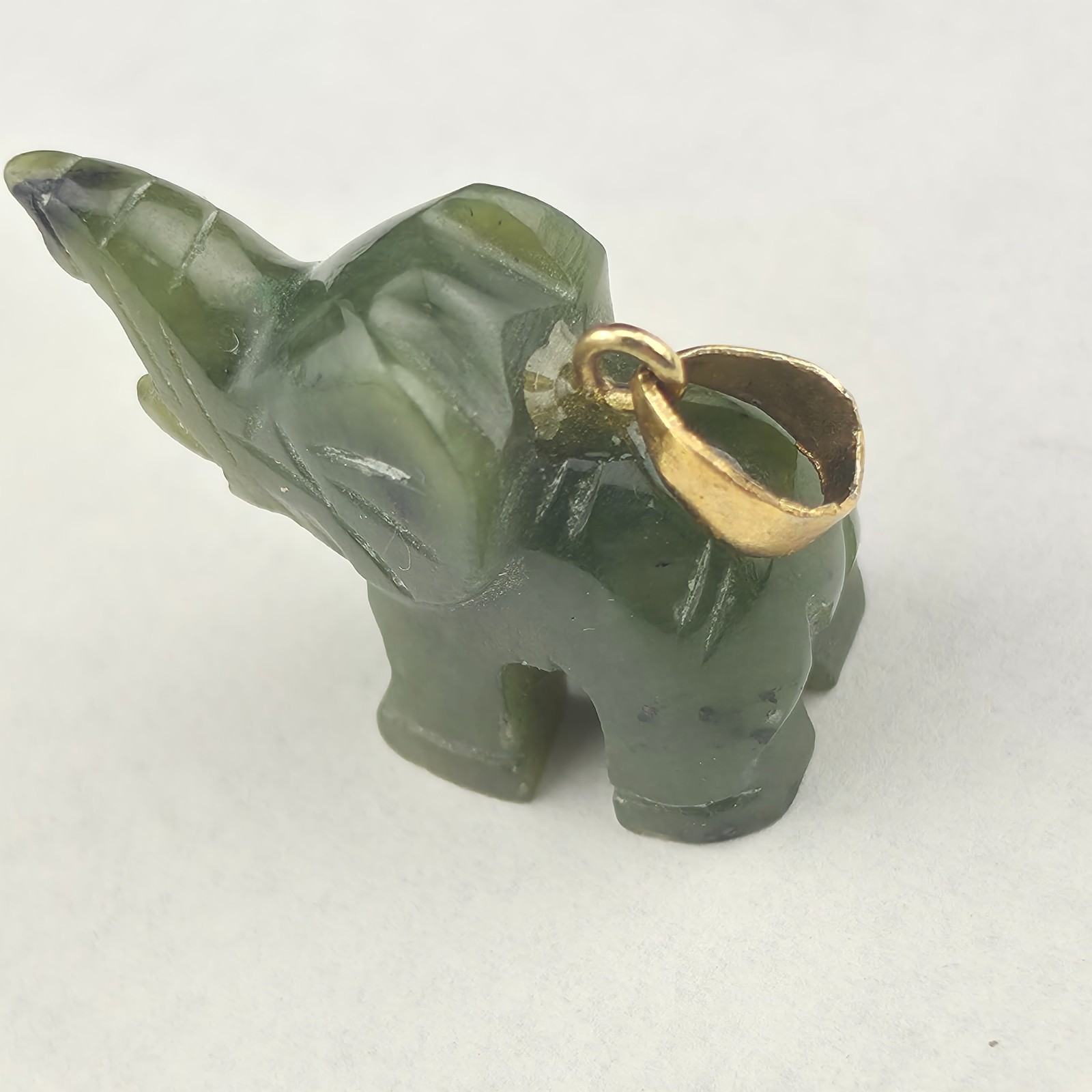 Vintage 28mm Dark Green Nephrite Jade Lucky Elephant Trunk Up Pendant Gold Fill