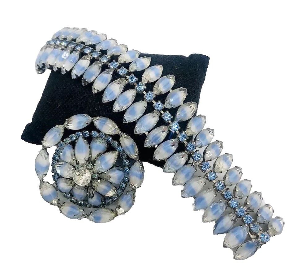 KRAMER NY Wide Givre Rhinestone Bracelet & Brooch Demi Signed Vintage Jewelry