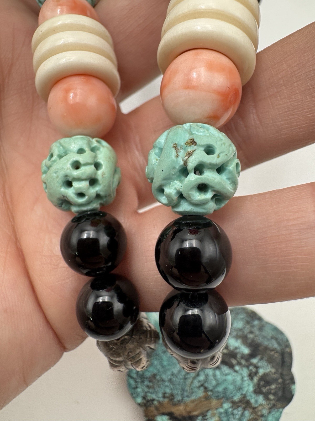 Large Chinese Longevity Pendant Necklace Coral Onyx Double Happiness 144g