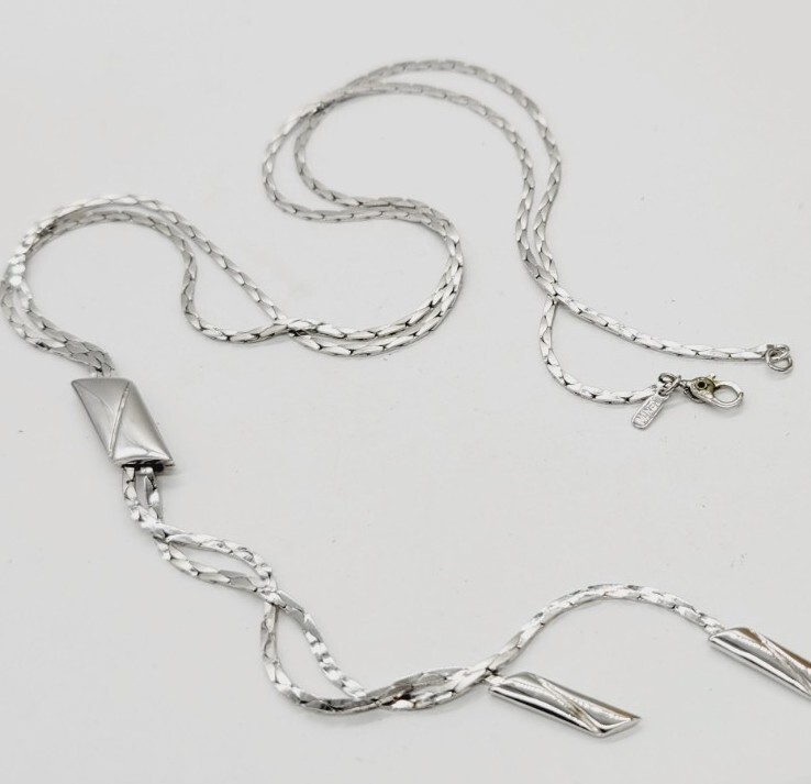 Monet Necklace Silver Tone Y Drop Long Chain 25 in Modern Modernist