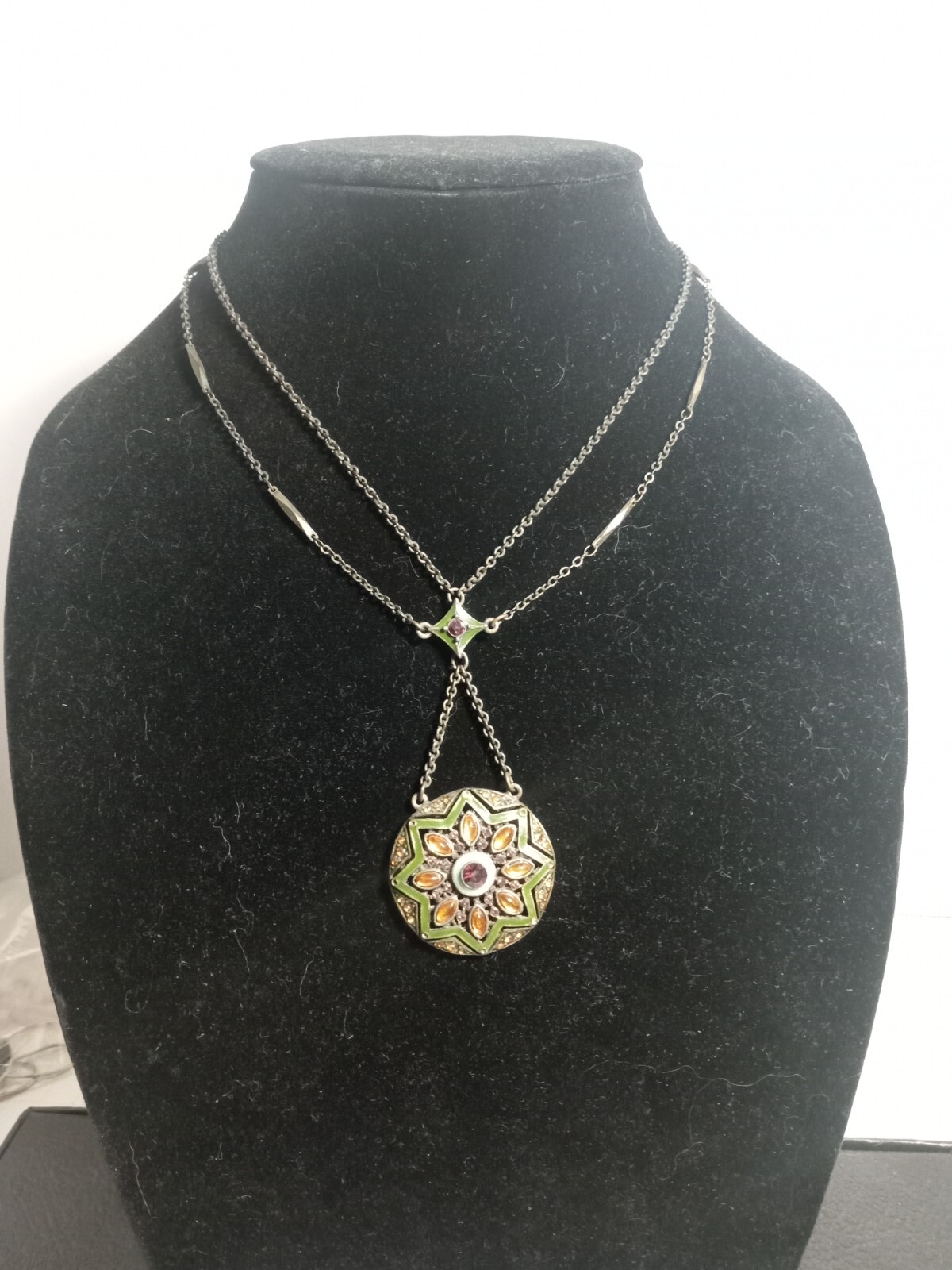 Vintage N A Green Enamel With Glass Accents Pendant Necklace