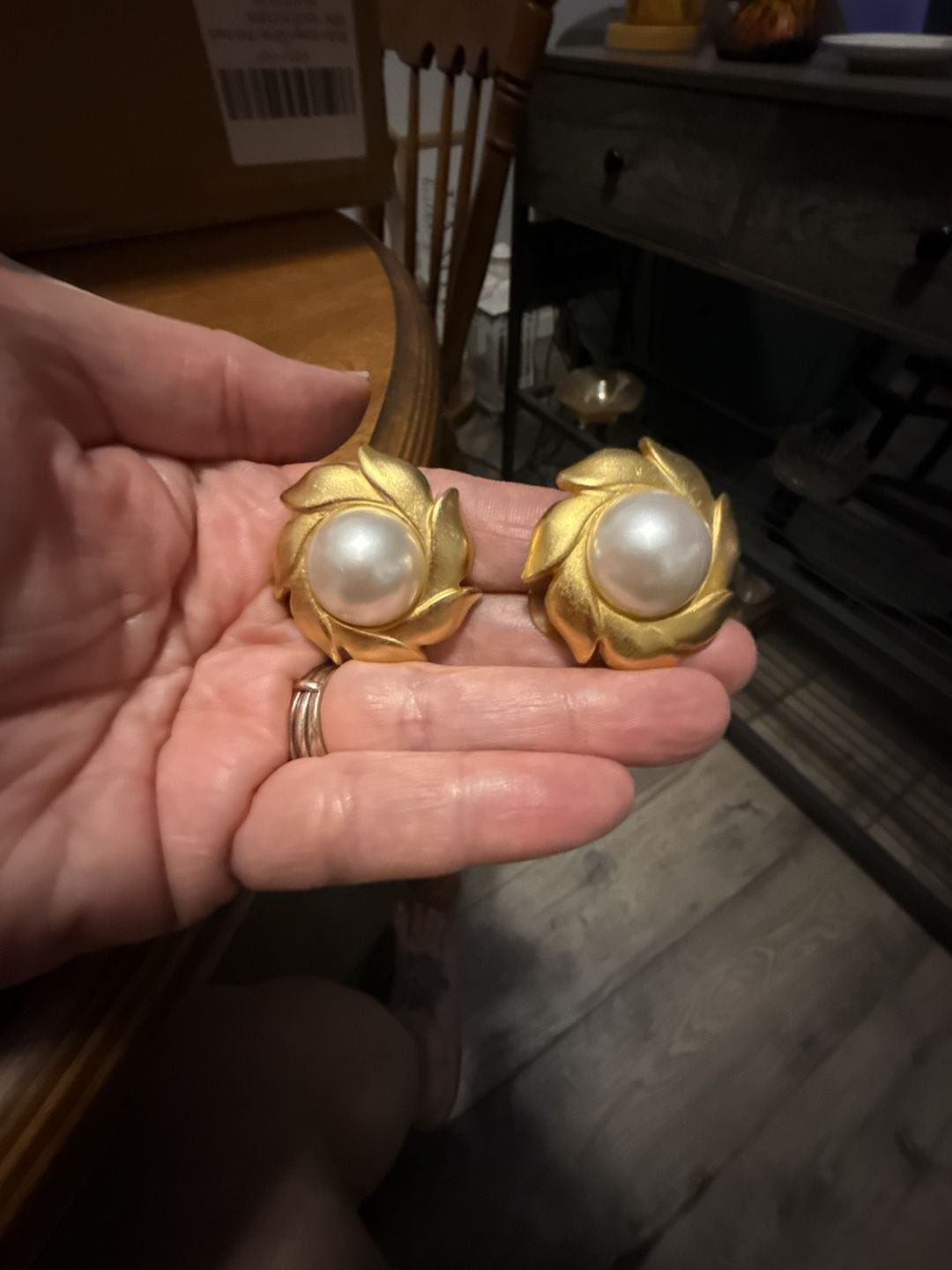 Vintage Gold-Tone Faux Pearl Sunflower Statement Clip-On Earrings
