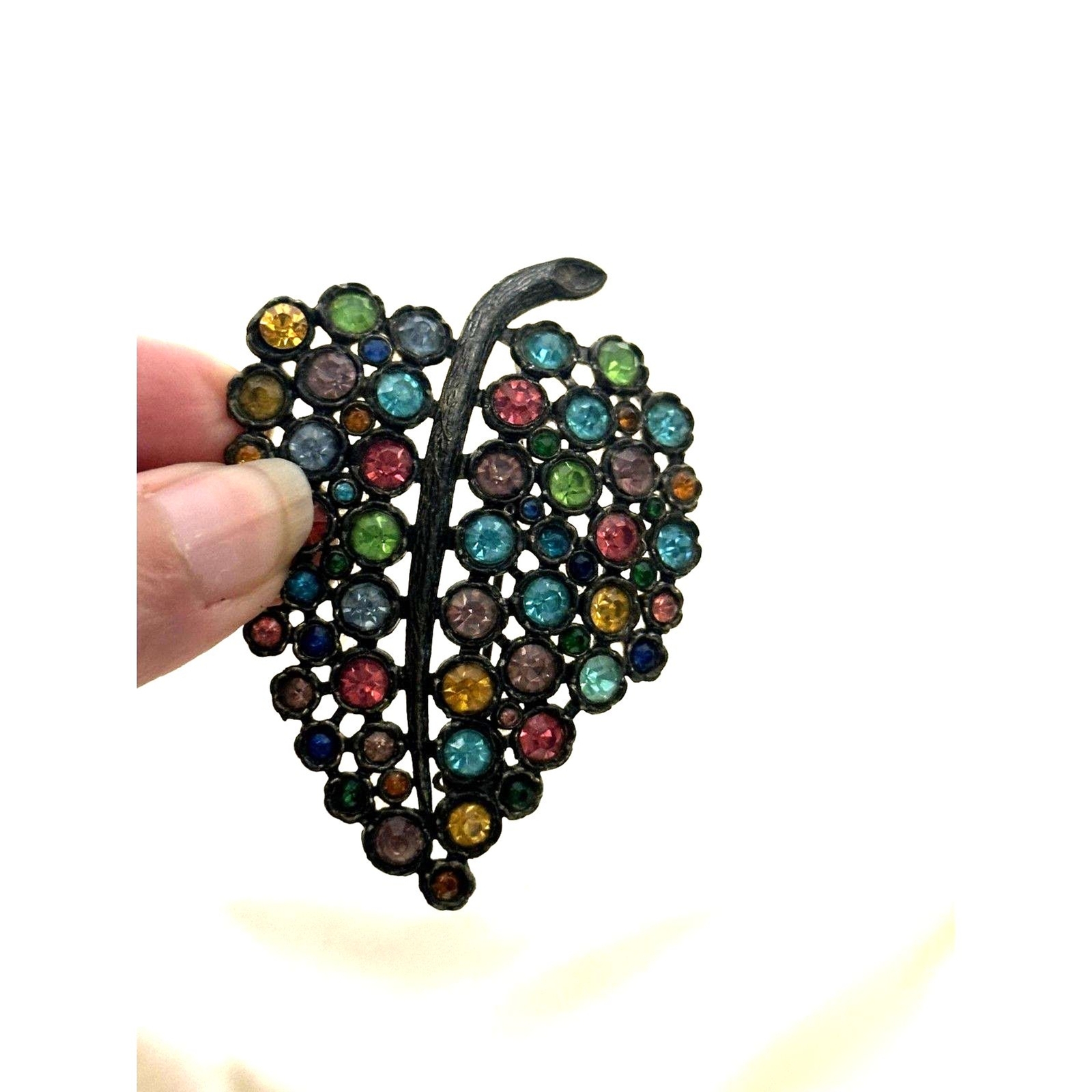 Little Nemo Leaf Brooch L/N Signed Colorful Rhinestone Pot Metal