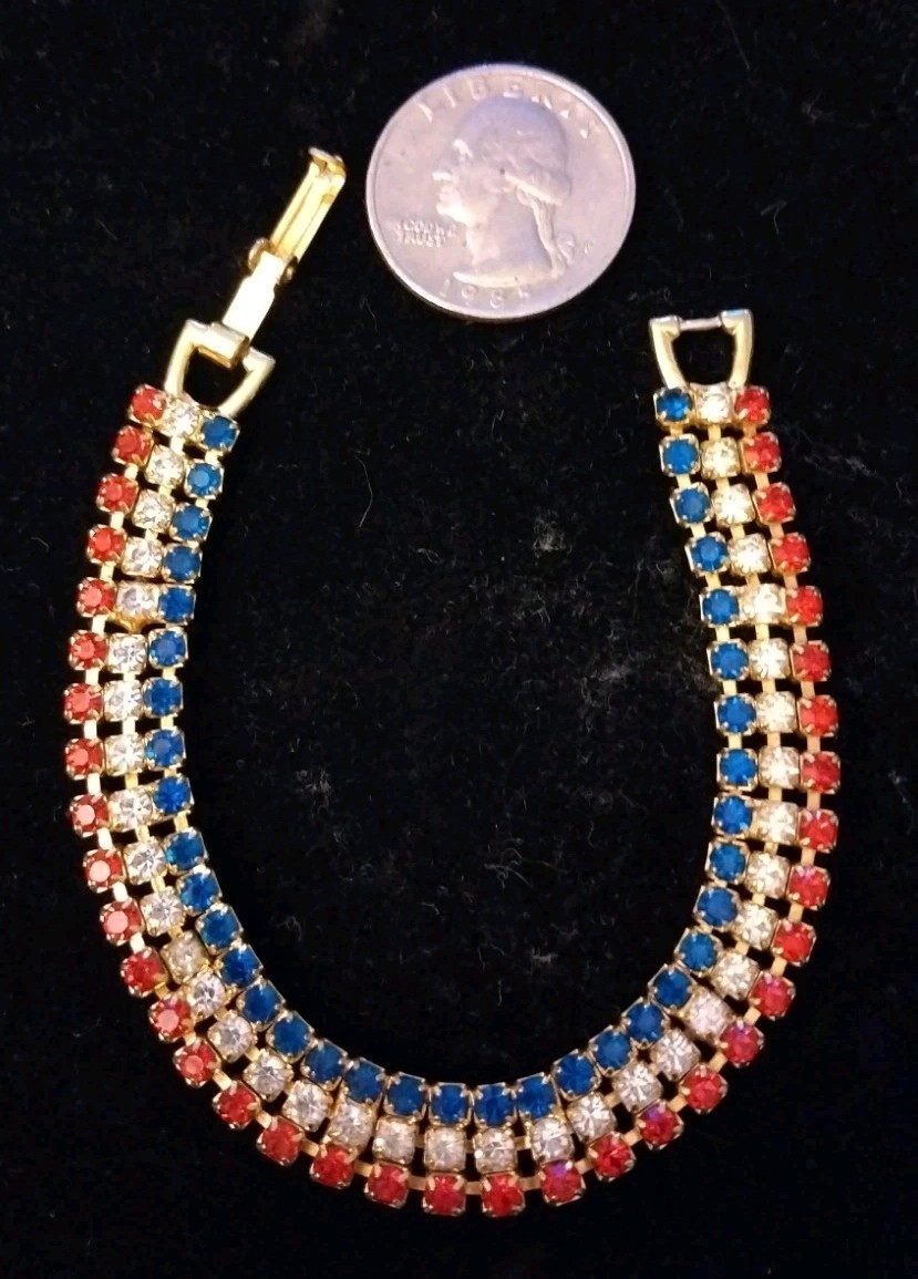 Vintage Red White & Blue Rhinestone Patriotic Tennis Bracelet 7″