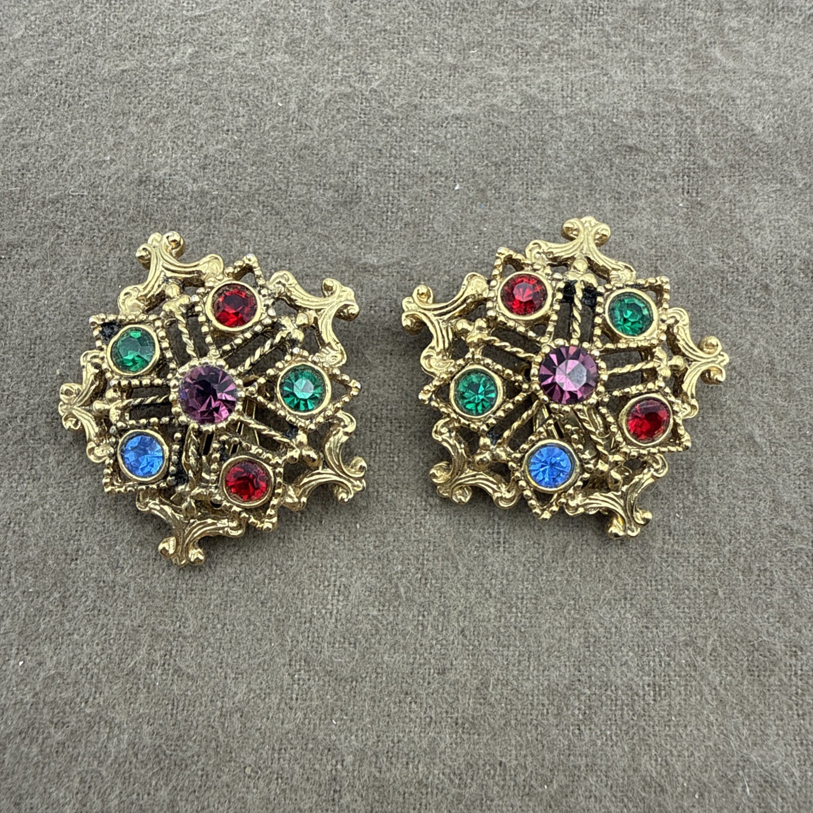 Vintage Clip on Earrings Colorful Rhinestones Jewel