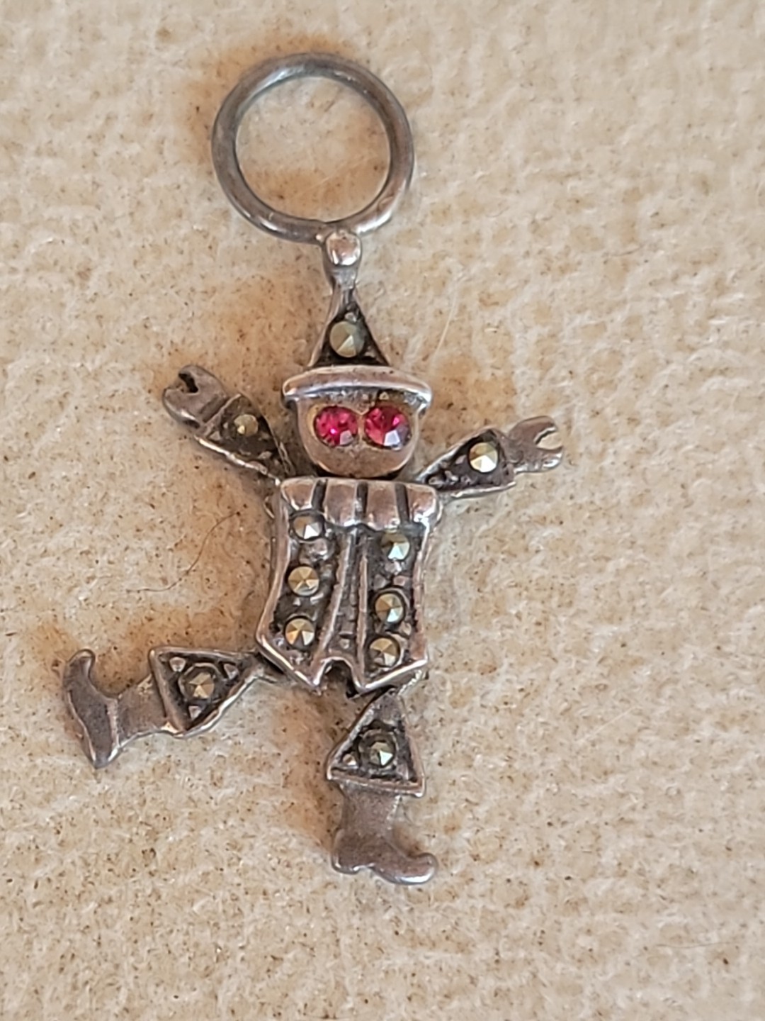 Vintage 925 Sterling Silver Articulating Clown w/Stones Charm Pendant Excellent