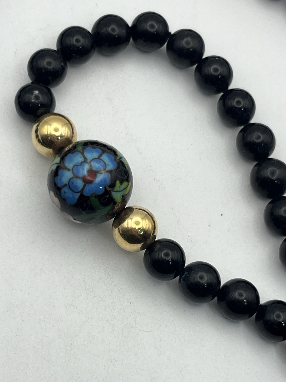 Gold filled Chinese cloisonné flower beaded black vintage necklace
