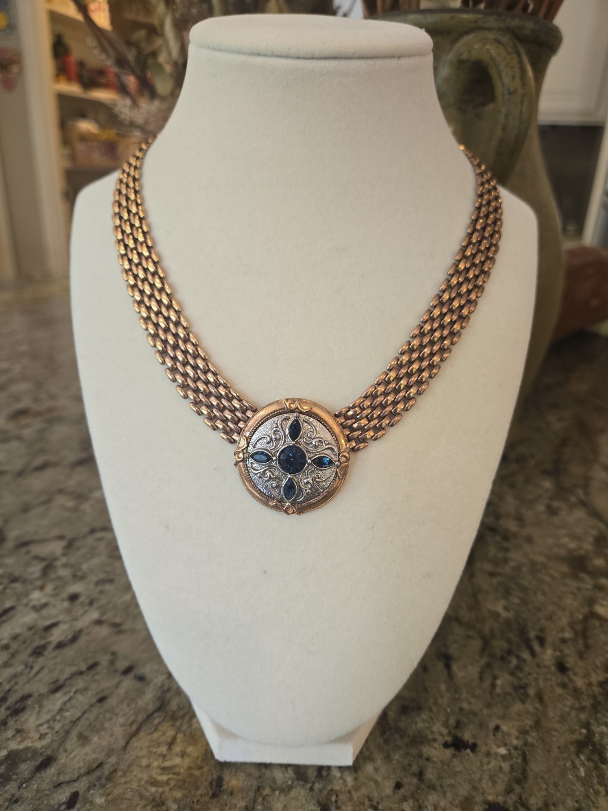 Vintage Victorian Revival Necklace Faux Sapphire Gold Tone