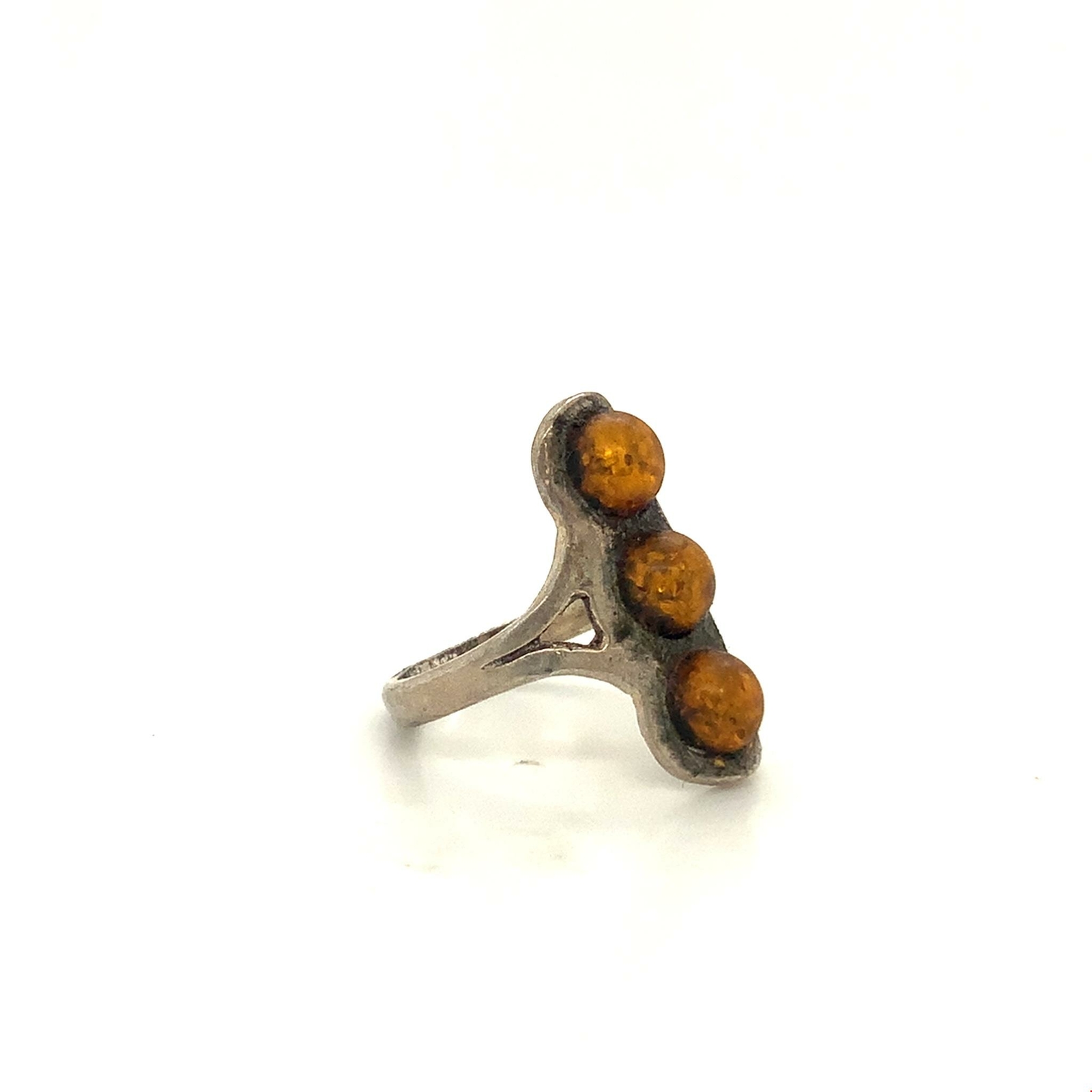 Vintage Sterling Elongated Bezel Cabochon Three Amber Stone Band Ring size 6 1/2