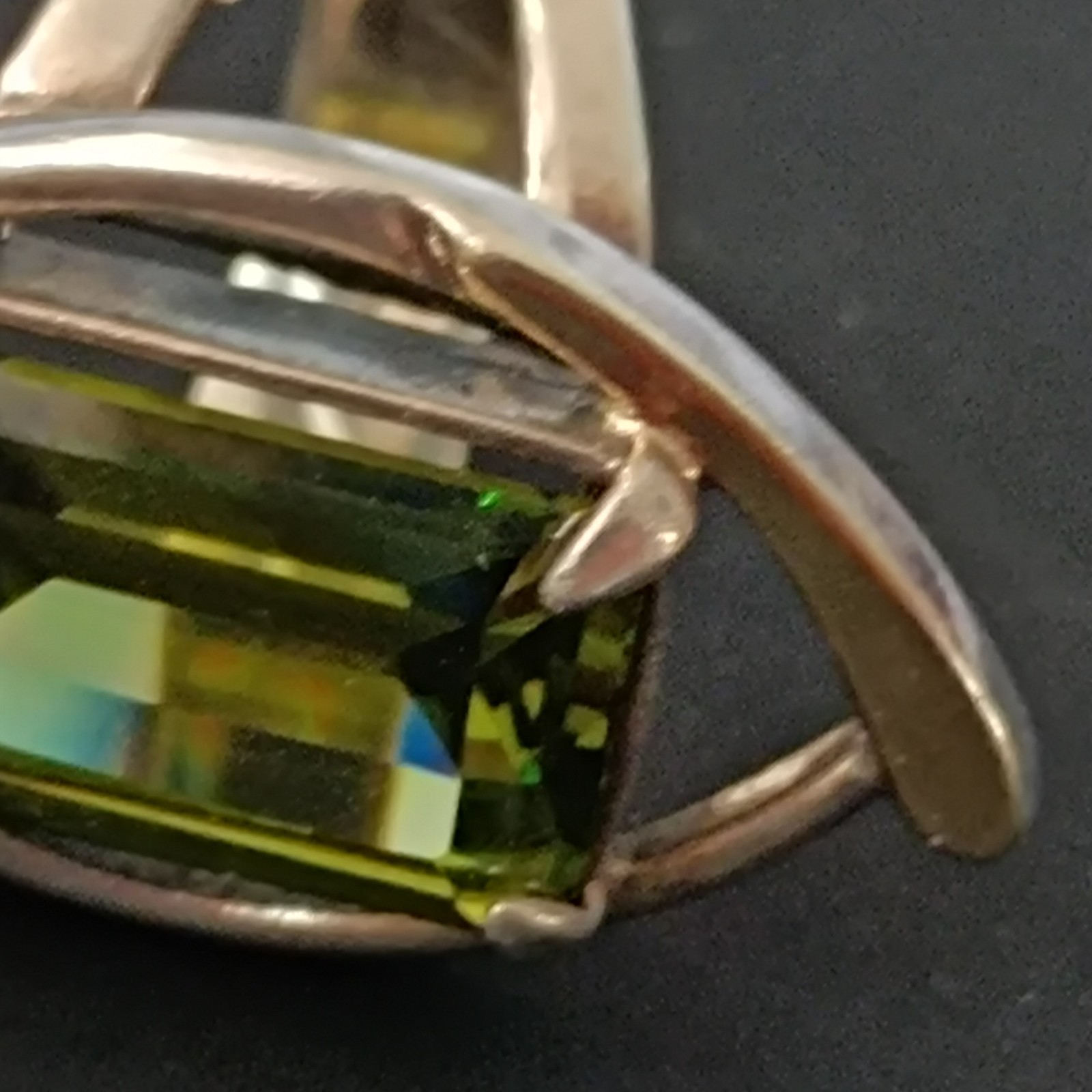 Modernist Statement Ring Sterling Silver Olive Green Stone Rolled Gold Cocktail