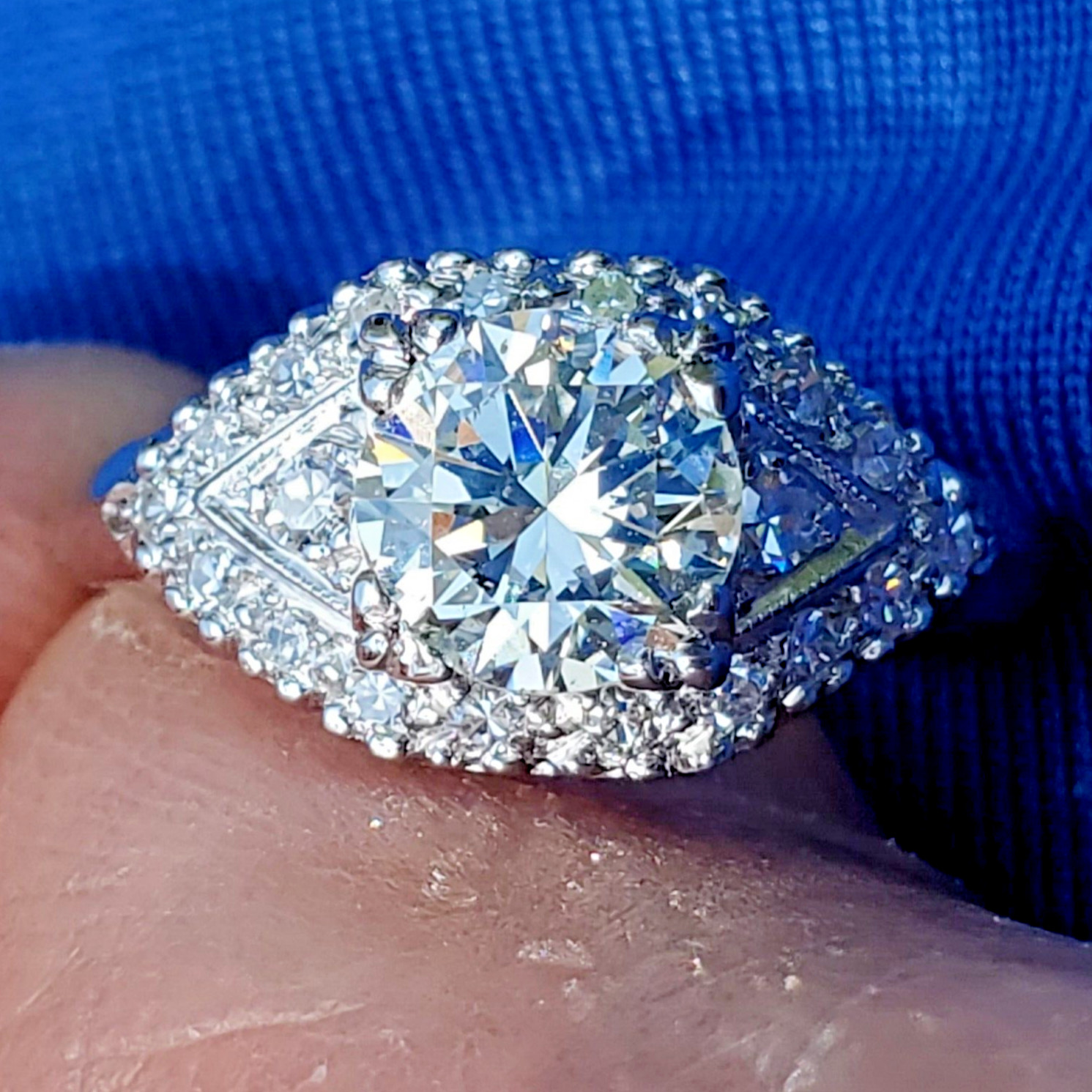 Original EARTH MINED DIAMOND Deco SOLID PLATINUM Engagement Ring & Wedding Band